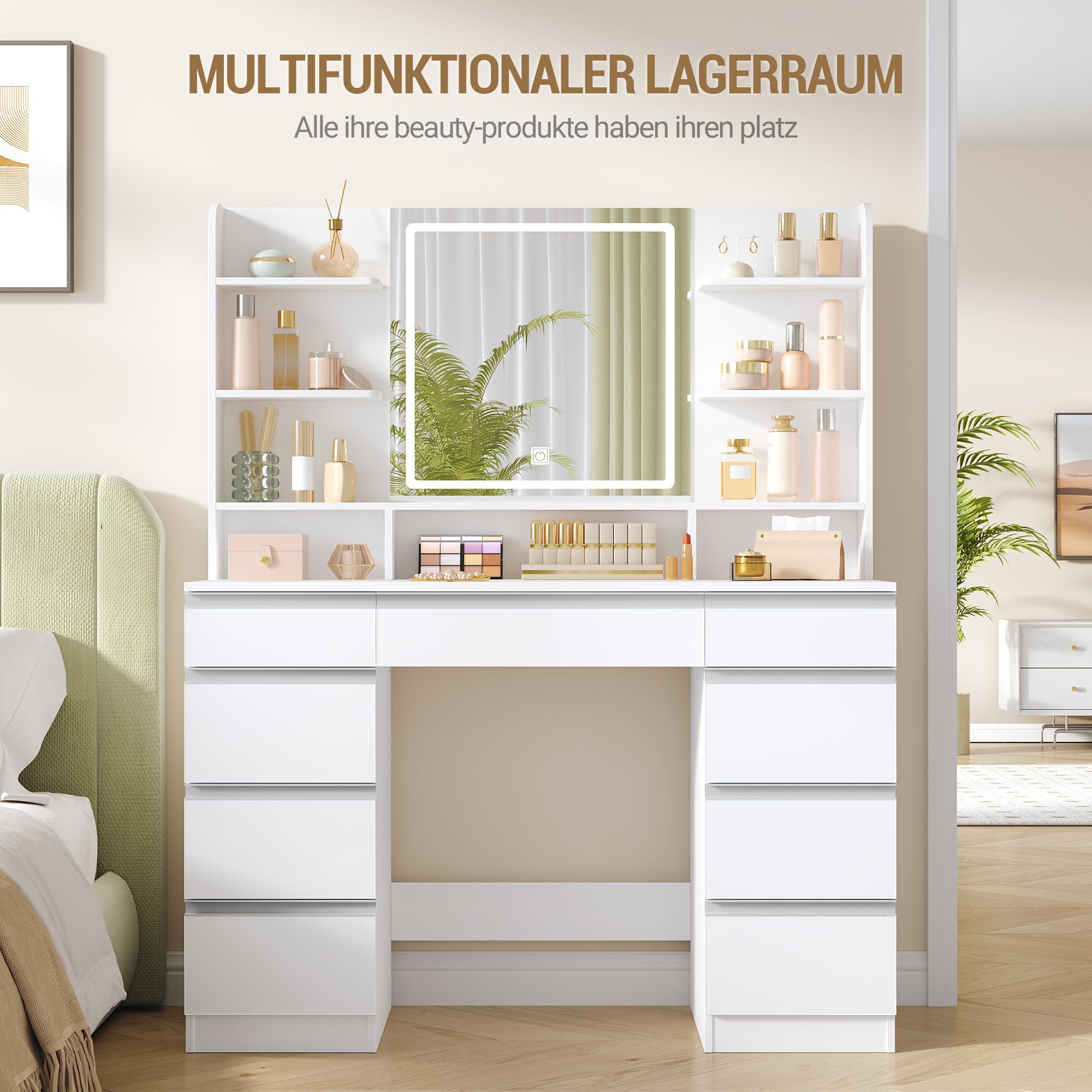 Hzuaneri Große Schminktisch mit LED-Beleuchtung, 3 Farben, Helligkeitsregulierung, Schminktisch mit Spiegel, 9 Schubladen, 9 offenen Ablagen, Moderner Stil, Weiß-Silber DT41903W