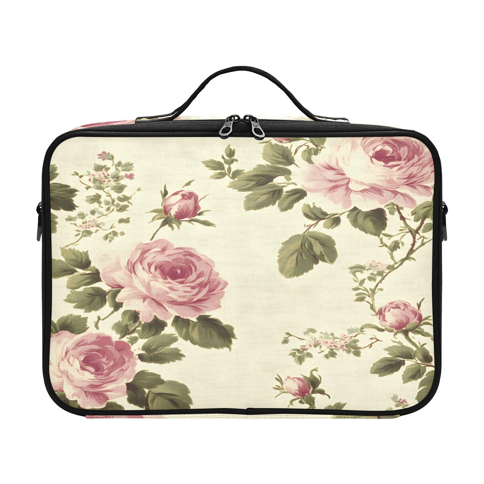 zyrtty Travel Makeup Train Case Retro Flower Pink Green Pattern Cosmetic Organizer Portable Storage Bag with Adjustable Dividers for Cosmetics Brushes Toiletry Jewelry Digital Accessories