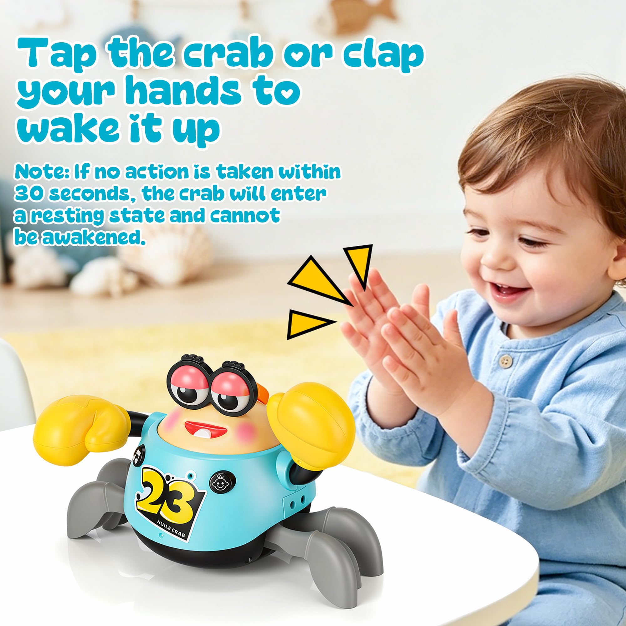 Krabbelspielzeug Baby 6-12 Monate – Tanzende Krabbe mit Musik und Licht | MONKRY Interaktives Krabbel Spielzeug mit Automatischer Hindernisvermeidung, Tummy Time Toy Geschenk für Jungen und Mädchen