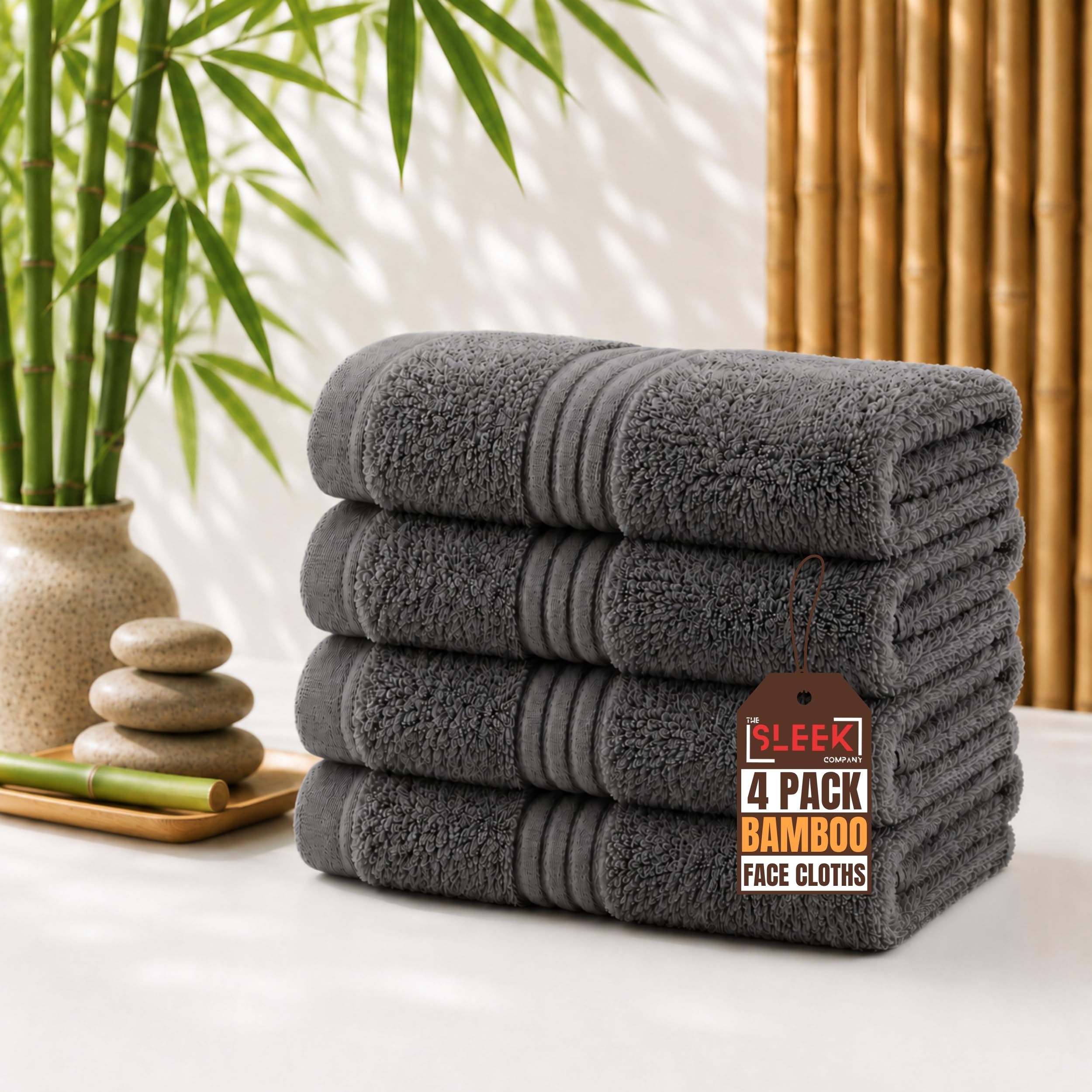 Luxury 700 GSM Bamboo Face Cloths (33 x 33 cm) – Pack of 4 – Soft, Hypoallergenic & Antibacterial Wash Cloth – Absorbent & Quick Dry Face Towels – Ideal for Home, Hotel, Gym, Skincare & Spa (Charcoal)
