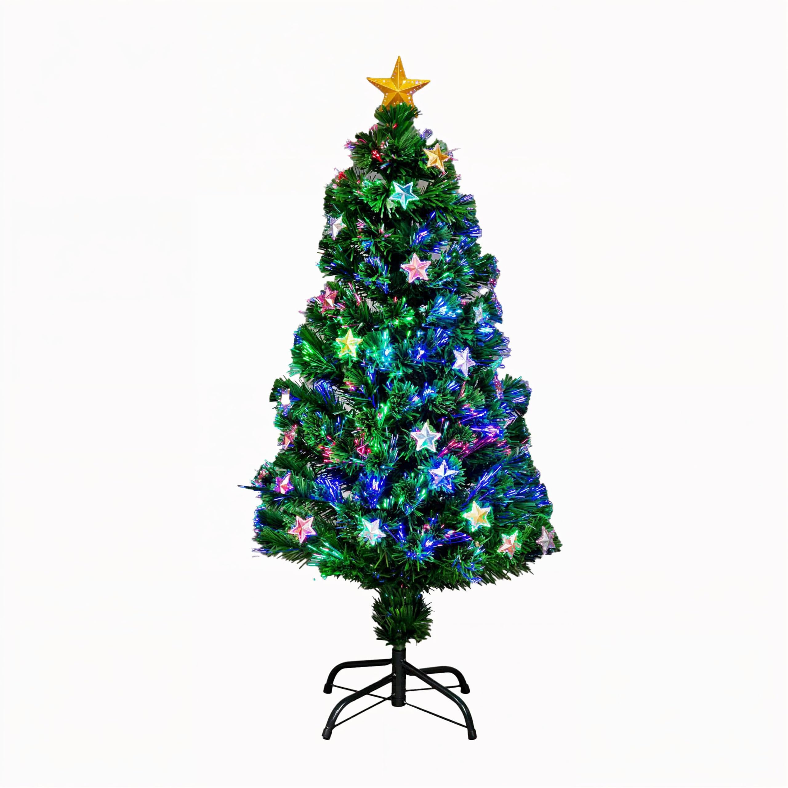 Shatchi Stars 4Ft/120Cm Fibre Optic Christmas Tree With Star Topper - Decorations - Pre-Lit Green Artificial Xmas Tree - Multicolor Changing Lights