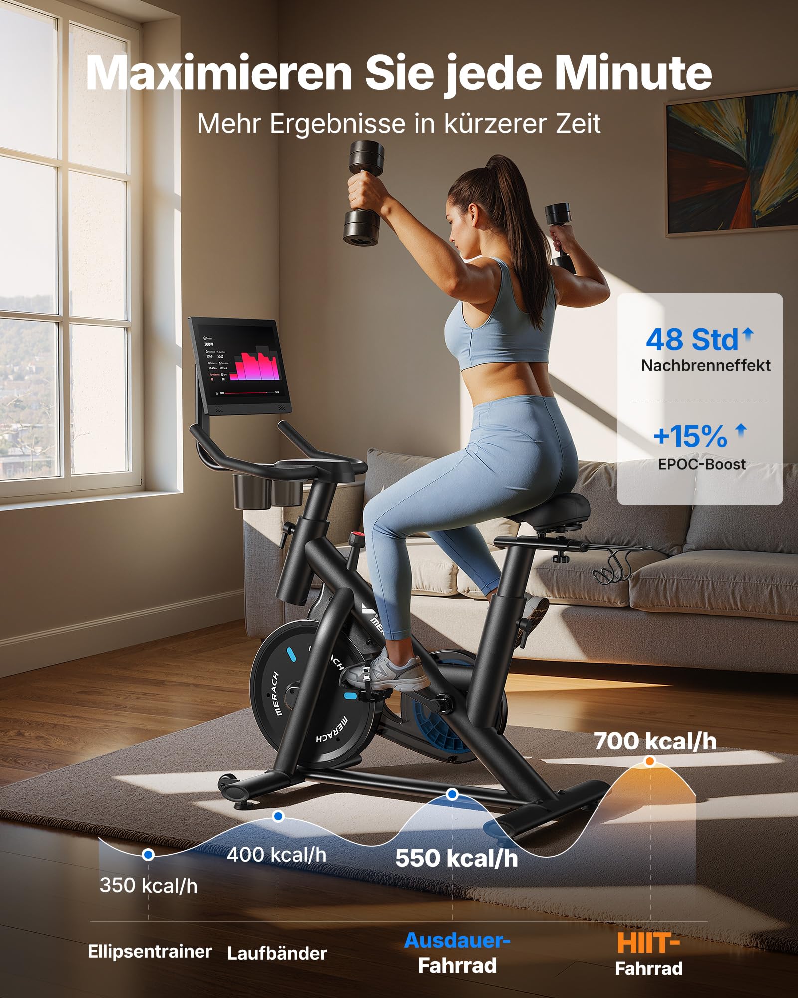 MERACH Heimtrainer Fahrrad mit 15,6" FHD-Bildschirm(180°/90° drehbar), leises Magnetbremssystem Indoor Cycling Bike für Zuhause, App-kompatibel mit Merach App Coaching, Zwift & Kinomap, bis 136KG