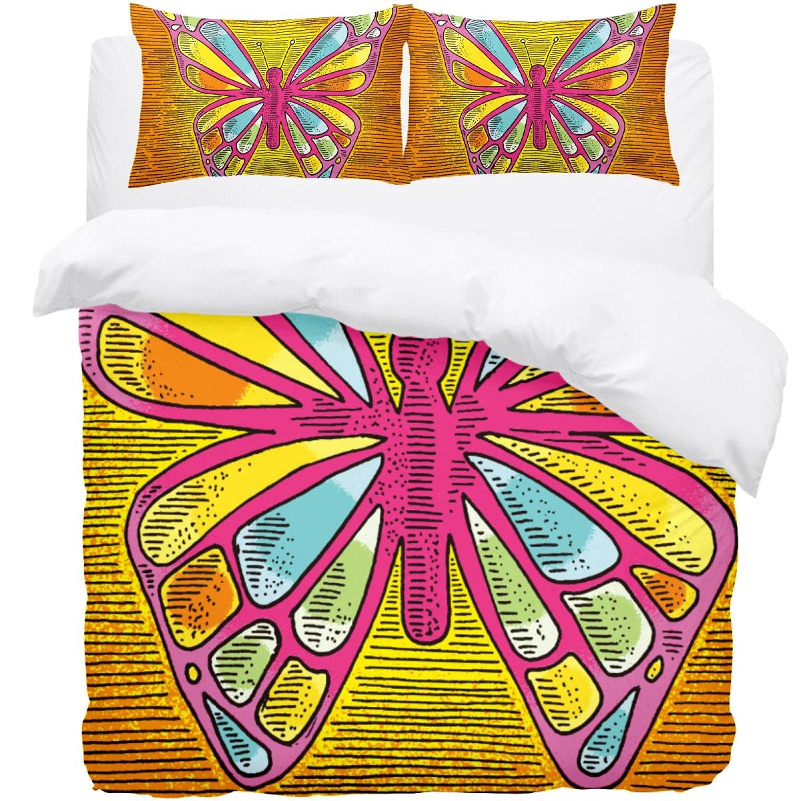 Parure de lit simple 3 pièces en tissu doux avec housse de couette papillons anti-plis