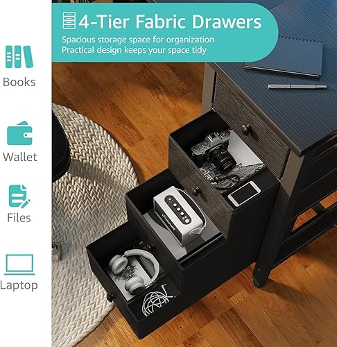 Miniatura 7 de Lufeiya Escritorio para juegos con luces LED y tomas de corriente, escritorio para computadora de 47 pulgadas con cajones de tela y estantes de