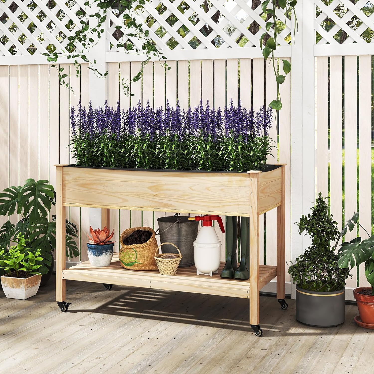 Giantex Mobile Raised Garden Bed, Wood Planter Box with Wheels, Storage Shelf & Liner, 47”x23”x33” Rolling Raised Bed for Indoor Outdoor Plants, Vegetables Flower Herbs Fruit Gardening