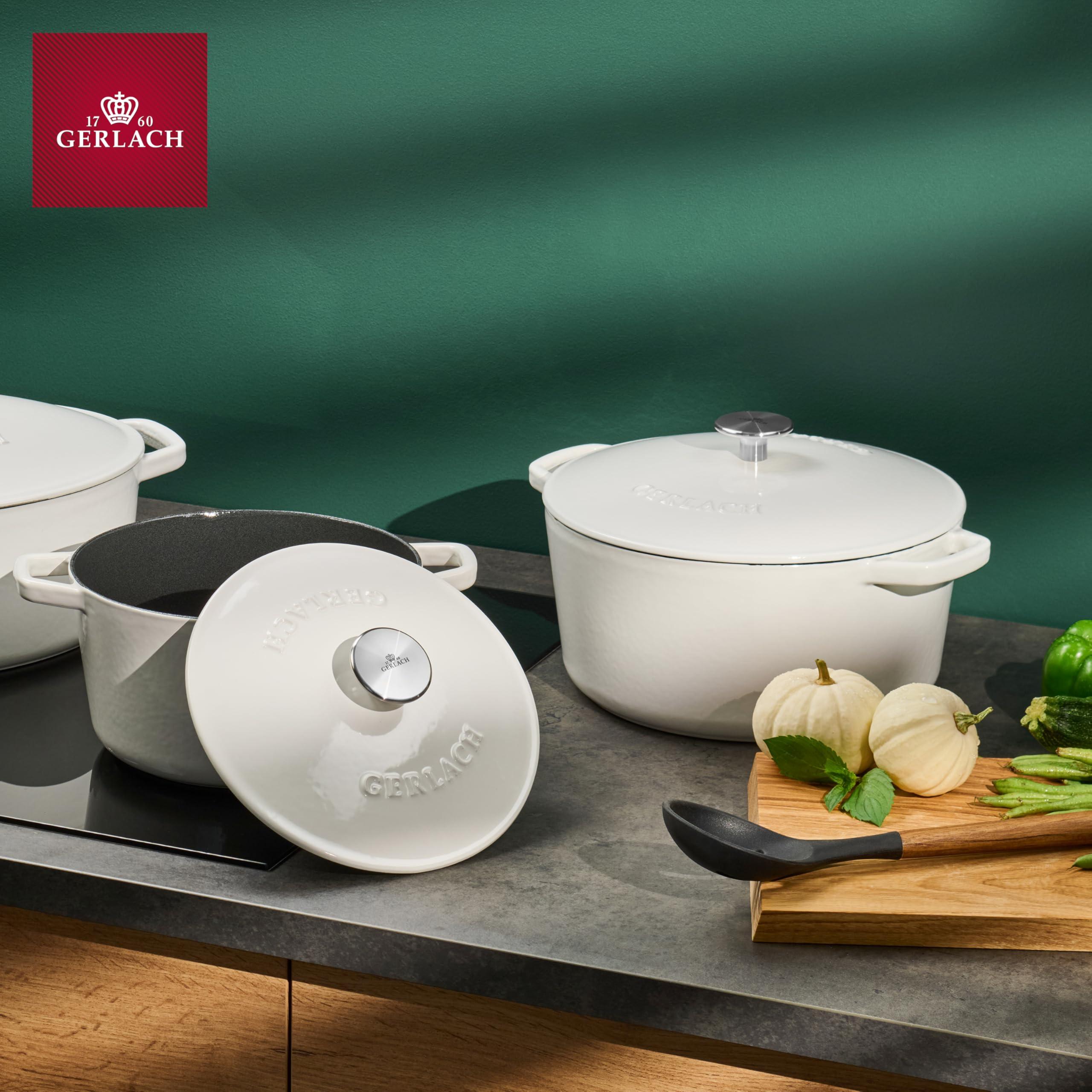Gerlach Nature Iron Garnek Żeliwny 5 L z Pokrywką 26 cm na Indukcję Gas Garnek Emaliowany Garnek do Pieczenia Chleba Biały