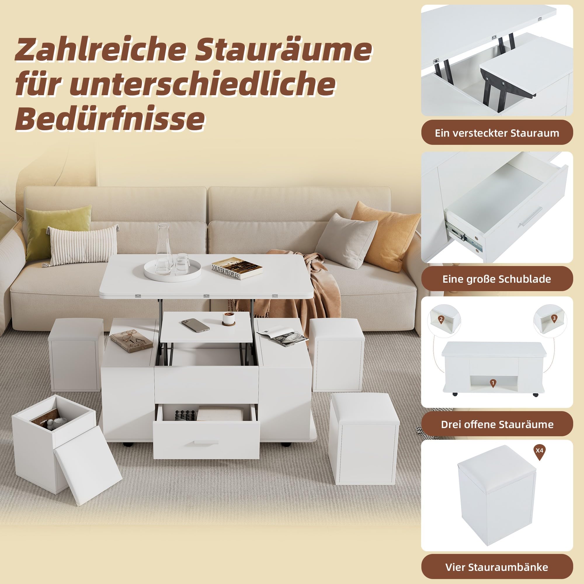 Mesa Centro Elevable con Tablero Extensible y 4 Taburetes, Mesa de Centro Elevable y Extensible con Almacenamiento y Cajón, Mesa Central de Café, Muebles de Salon, 100x50x45 cm, Blanco B