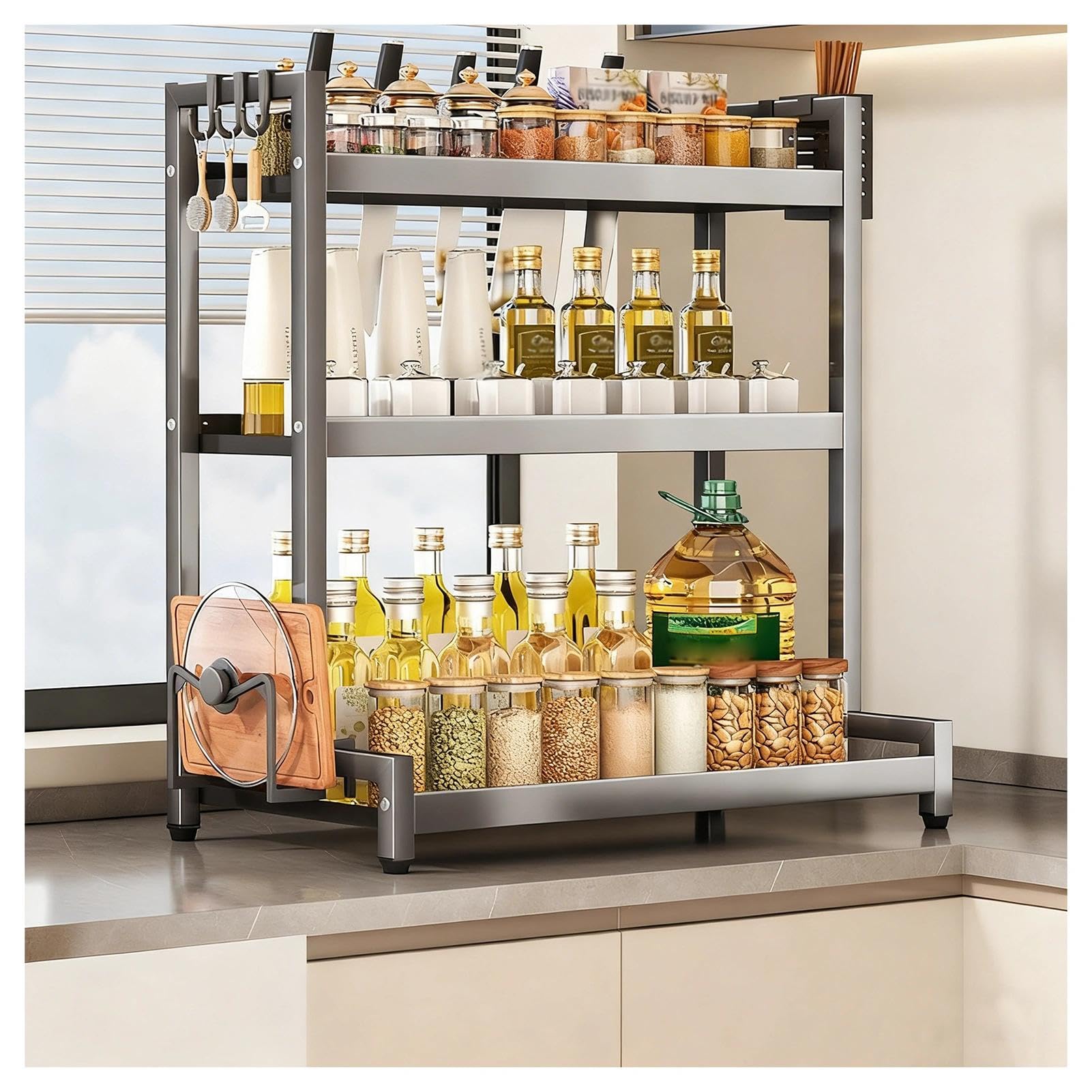 TIANQIHAO Stainless Steel Countertop Spice Rack Nizer, 2-Tier Metal Table Rack With Hooks And Knife Holder, Standing Large Nizer For Sugar, Salt, Pepper And Oil Bottles,Grey-3 Tier-19.7in