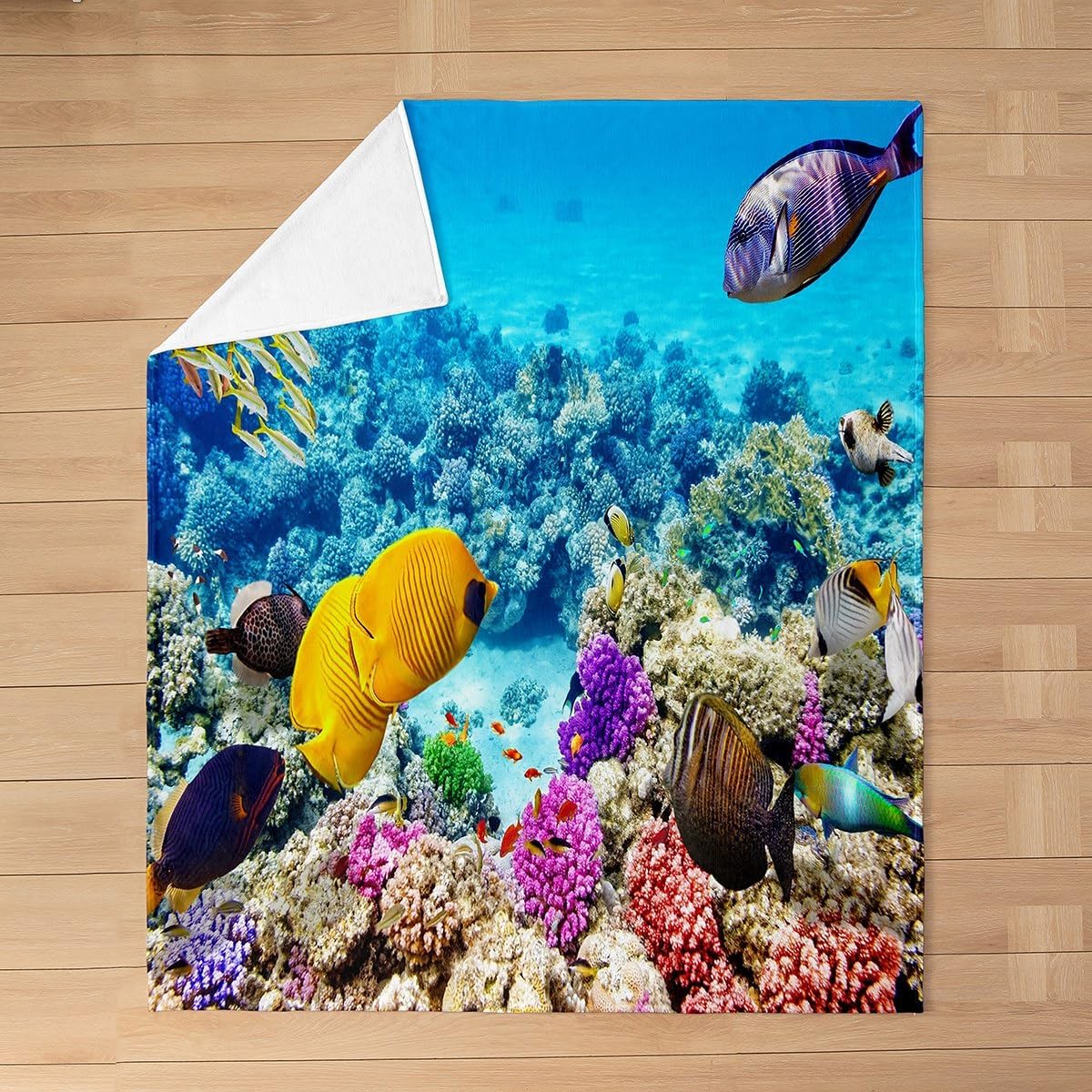 Underwater Fuzzy Blanket Queen 90"x90" Colorful Ocean Fish Flannel Fleece Throw Blanket for Sofa Decor Ocean Seabed Coral All Season Bed Blanket Utra Soft Deep Ocean Plush Blanket Bedroom Marine