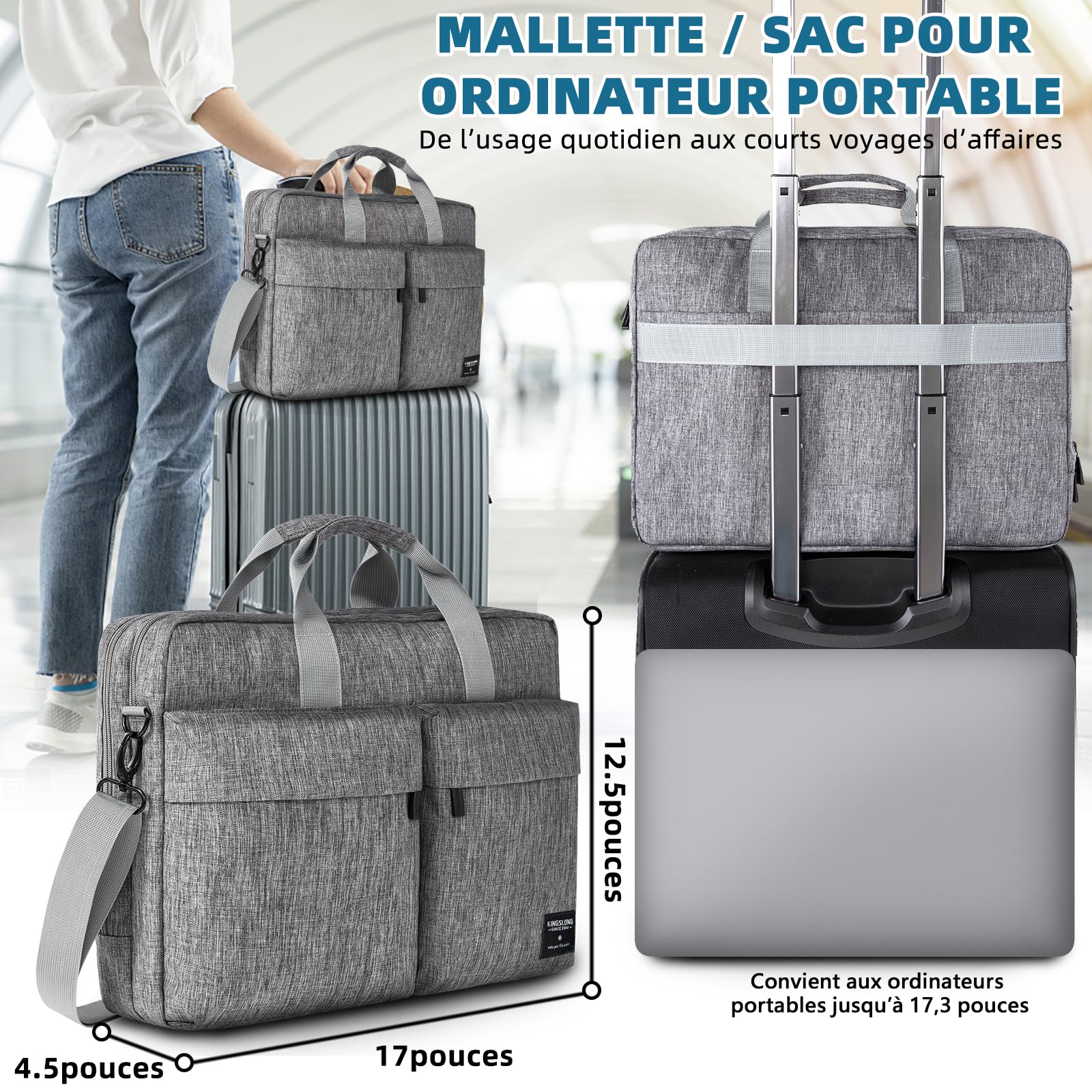 KINGSLONG Sacoche Ordinateur Portable: 17-17,3 Pouces Imperméable Sac Laptop Homme Femme Double Compartiment, Bandoulière Amovible, 2 Grandes Poches Avant – Mallette Business Travail Voyage