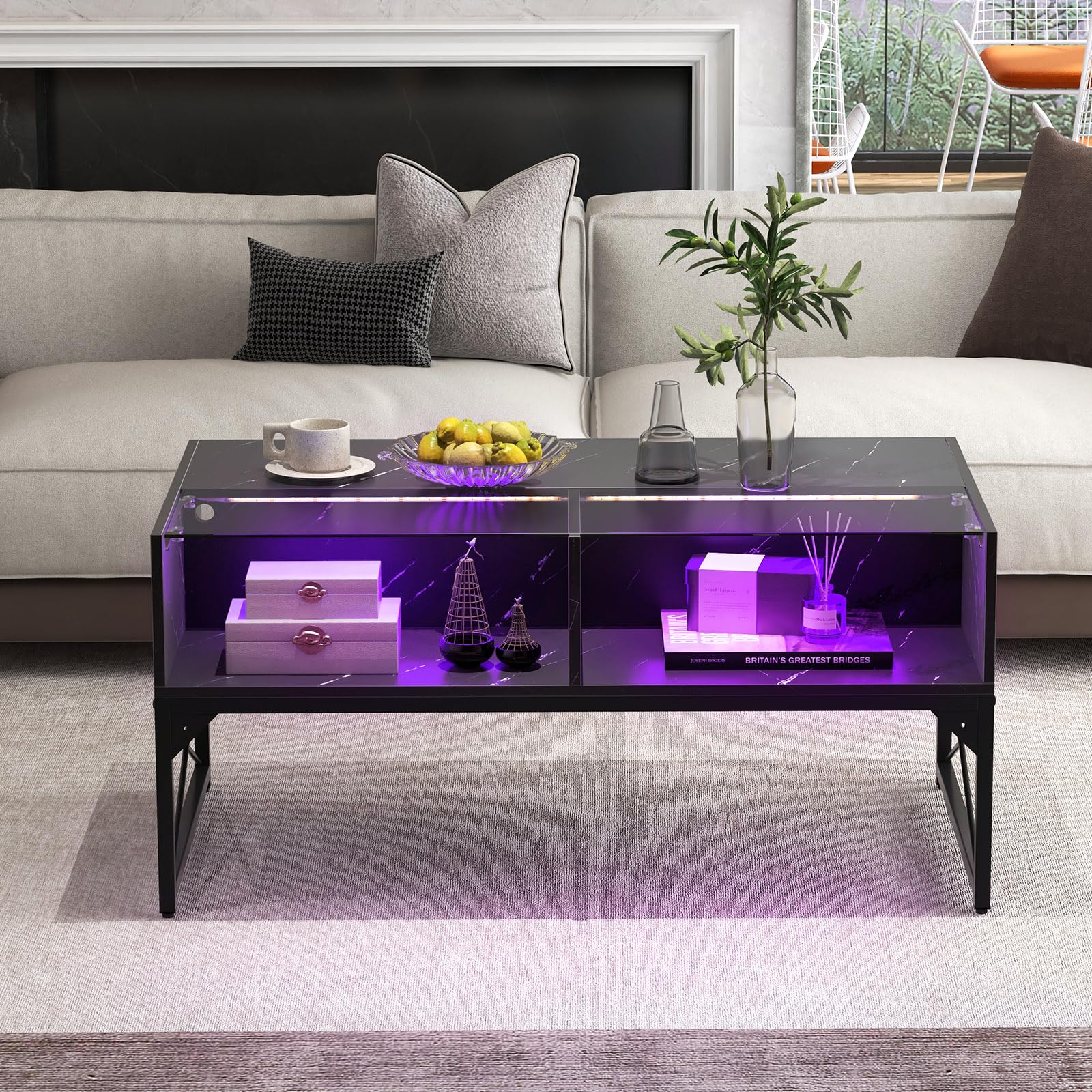 COSTWAY LED Couchtisch, Wohnzimmertisch Marmor Optik, Kaffeetisch mit einstellbaren Lichtfarben & Helligkeit, Fernbedienung und 4 Ablagefächern, Sofatisch für Wohnzimmer, 105 x 55 x 50 cm (Schwarz)