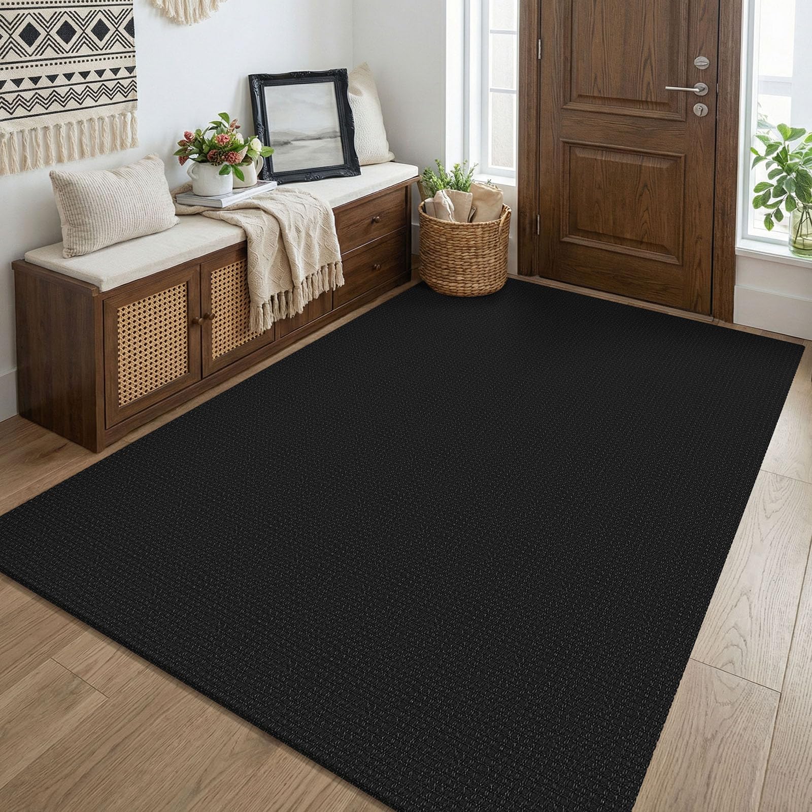 KOZYFLY Black Washable 4x5 Entry Woven Area Rug, Braided Throw Rugs for Entryway, Non Slip Door Mat Indoor Entrance, Flatweave Carpet for Foyer, Bedroom, Dining, Office, Black/Dark Grey