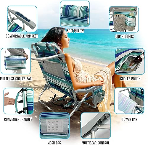 Miniatura 4 de Silla de playa de aluminio con mesa de camping plegable de 5 posiciones, silla de descanso plana para exteriores para adultos con bolsa térmica
