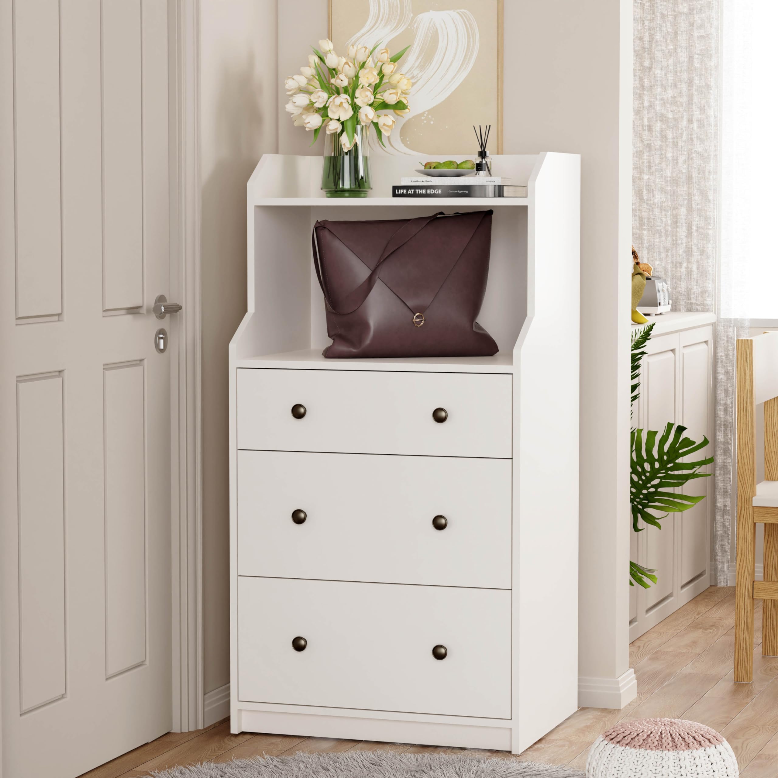 Durable Wooden Wardrobe Expandable Storage System with 3-Tier Drawers Whites Armoire with Black Metal Handles Easy Assembly Safe Anti-Tipping Design Fits Any Decor (Cupboard)