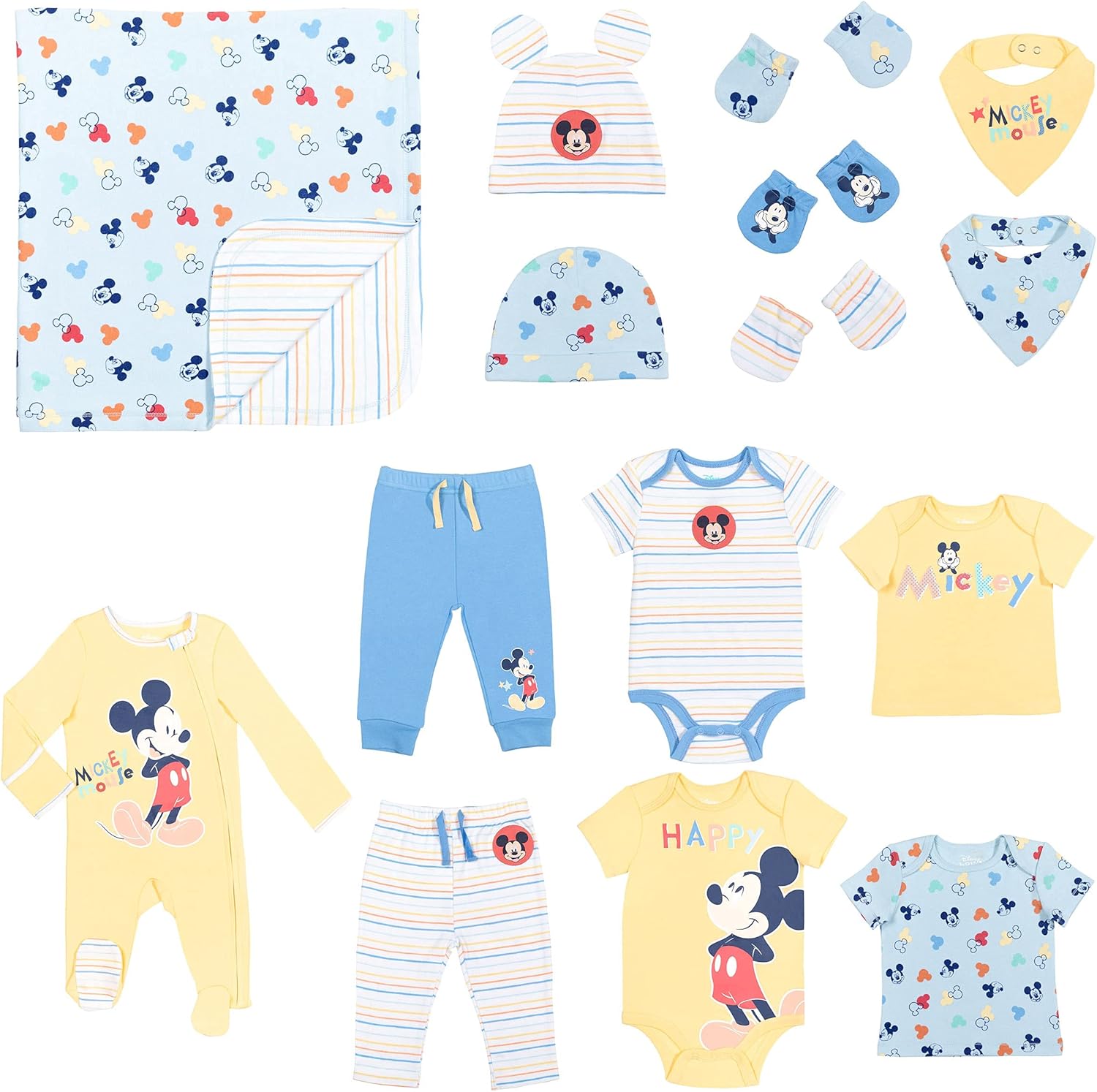 Disney Mickey Mouse Baby Boys Coverall Bodysuits T-Shirts Pants Accessories and Blanket 15 Piece Layette Set 0-6 Months Blue/Yellow: Clothing, Shoes & Jewelry
