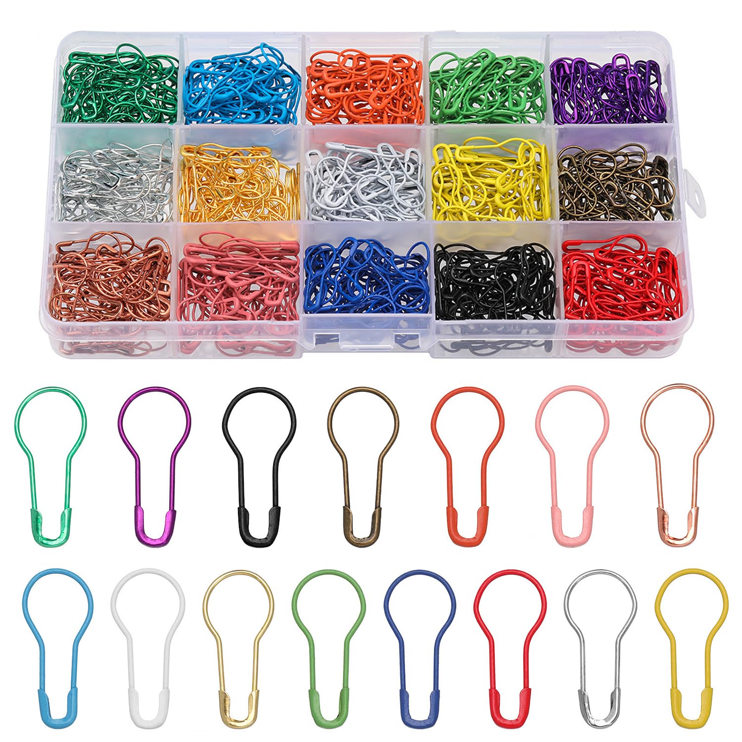 iJiZuo 750pcs Safety Pins with Clear Case, Gourd Pear Clips Pins,Stitch Markers Knitting Crochet Locking Safety Pin, for Clothes DIY Crafts Jewelry Making Sewing(15 Colors)