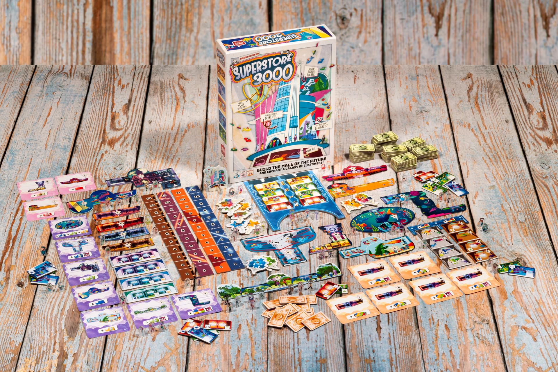 Asmodee Superstore 3000 Jeu de société – Construisez votre centre commercial de rêve dans l'espace, jeu de stratégie, amusant pour les familles, les enfants et les adultes, à partir de 10 ans, 2 à 4