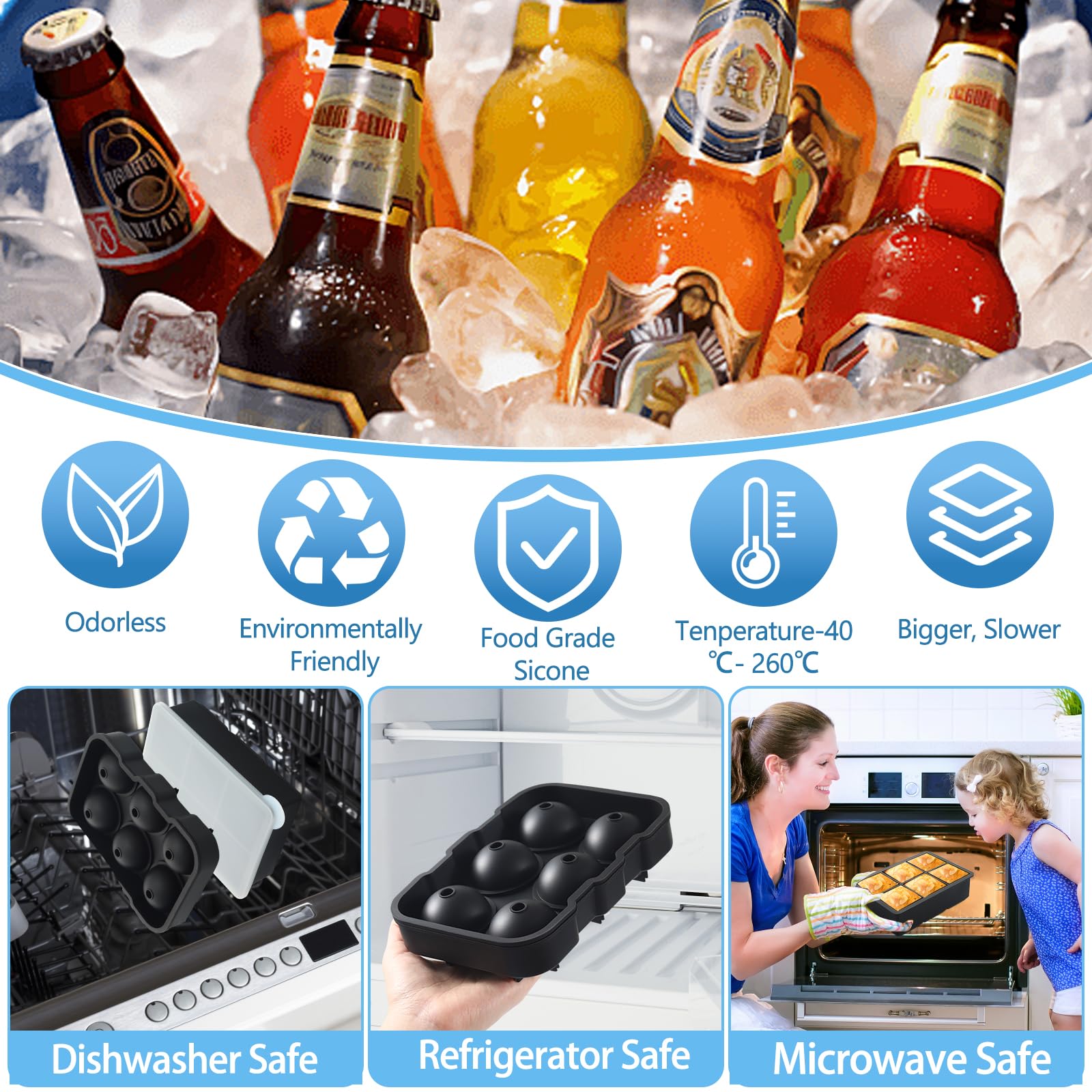 Gucass 2 sztuki silikonowe formy na kostki lodu z pokrywkami, 5 cm, 6 przegródek, duże, okrągłe i prostokątne formy na kostki lodu, bez BPA, tacki na kostki lodu do whisky, koktajli, wina, owoców