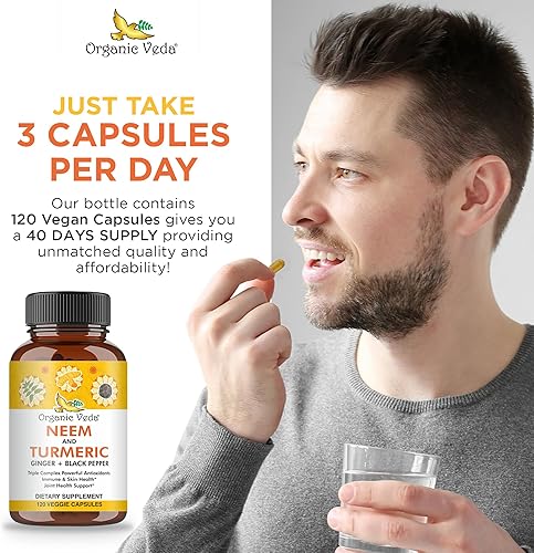 Miniatura 5 de Organic Veda Cápsulas de neem y cúrcuma, hoja de neem orgánica, suplemento de cúrcuma y jengibre con pimienta negra para inmunidad, apoyo a la salud