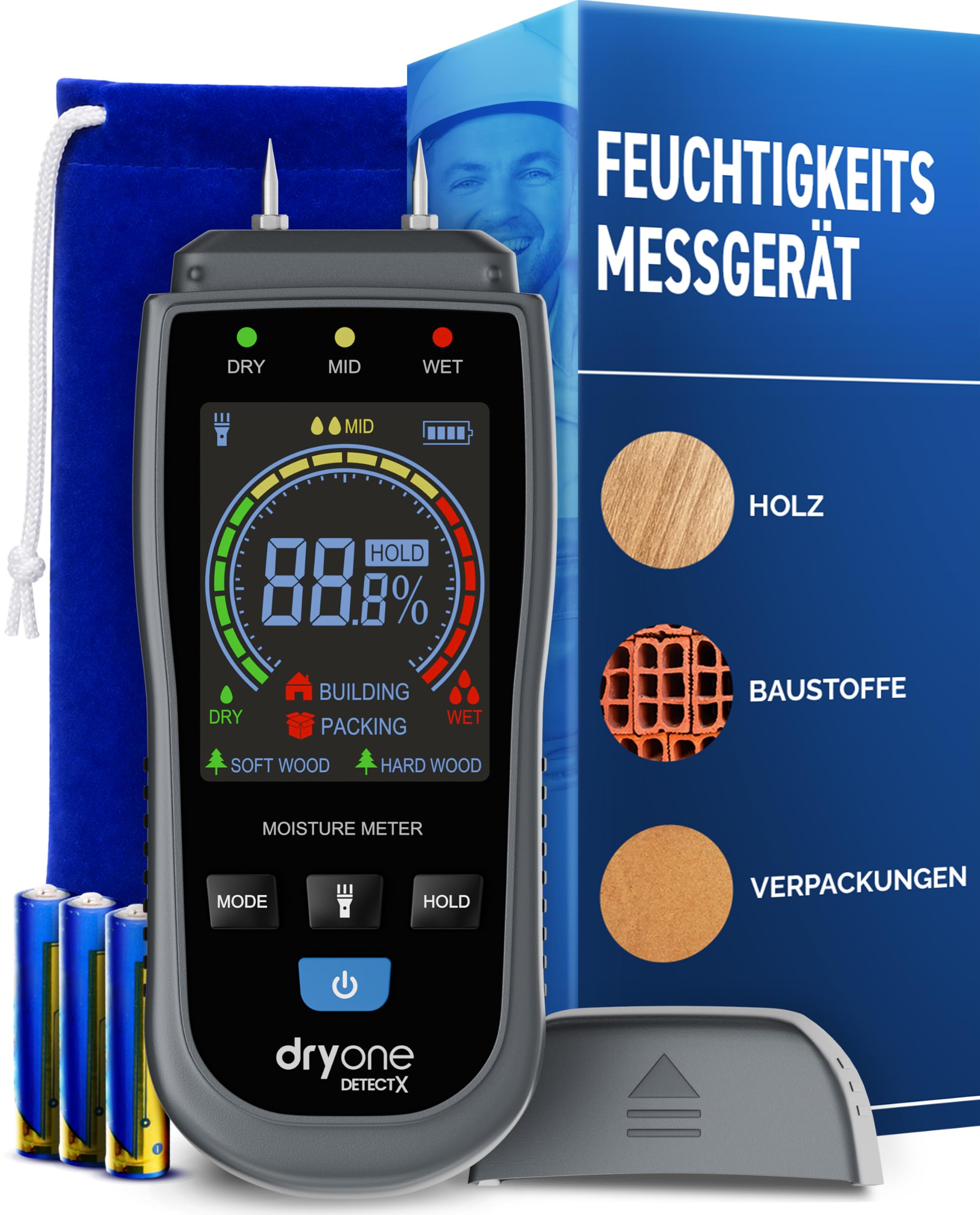 DryOne® DetectX Holzfeuchtemessgerät für Brennholz mit Mess-Pins | Feuchtigkeitsmessgerät für Holz mit 4 Materialmodi, 2,6-Zoll-Farbdisplay, HOLD, austauschbaren Pins und LED-Taschenlampe
