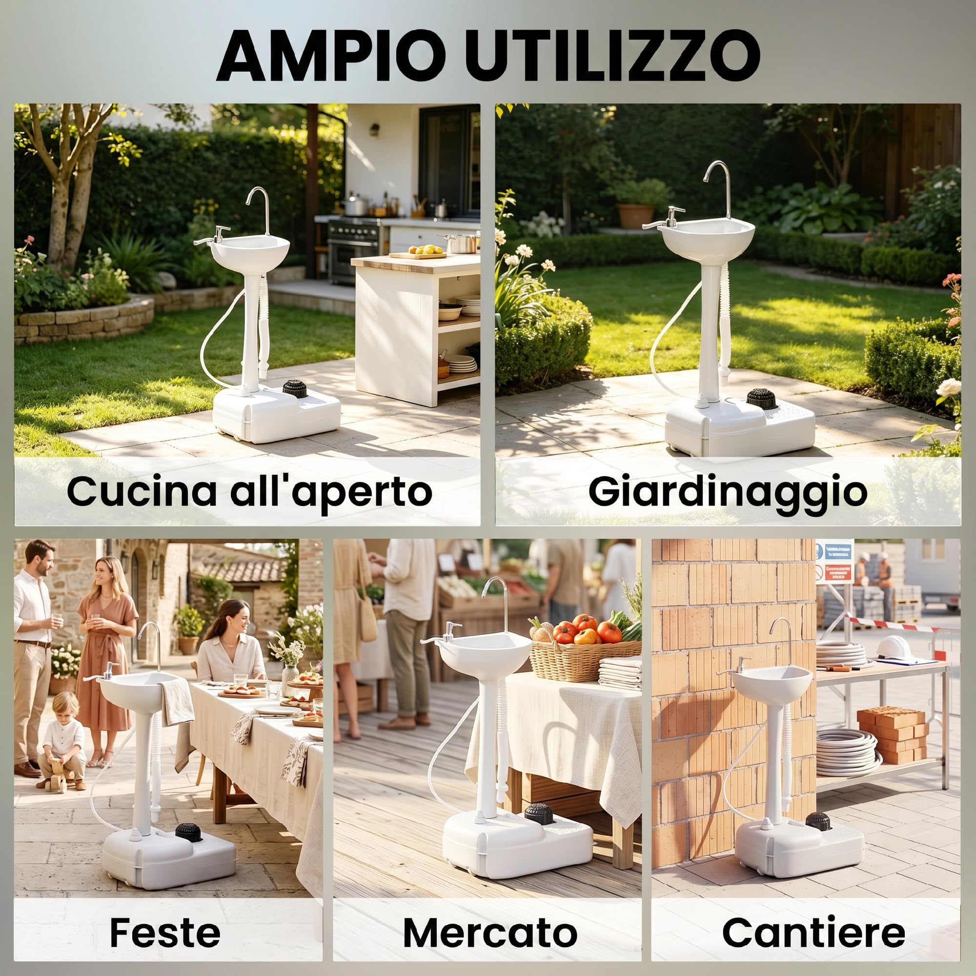 Outsunny Lavabo Portatile da Campeggio con 2 Ruote, Maniglia, Serbatoio Acqua 17L e Serbatoio Sapone 3.5L, 51x33.5x103cm