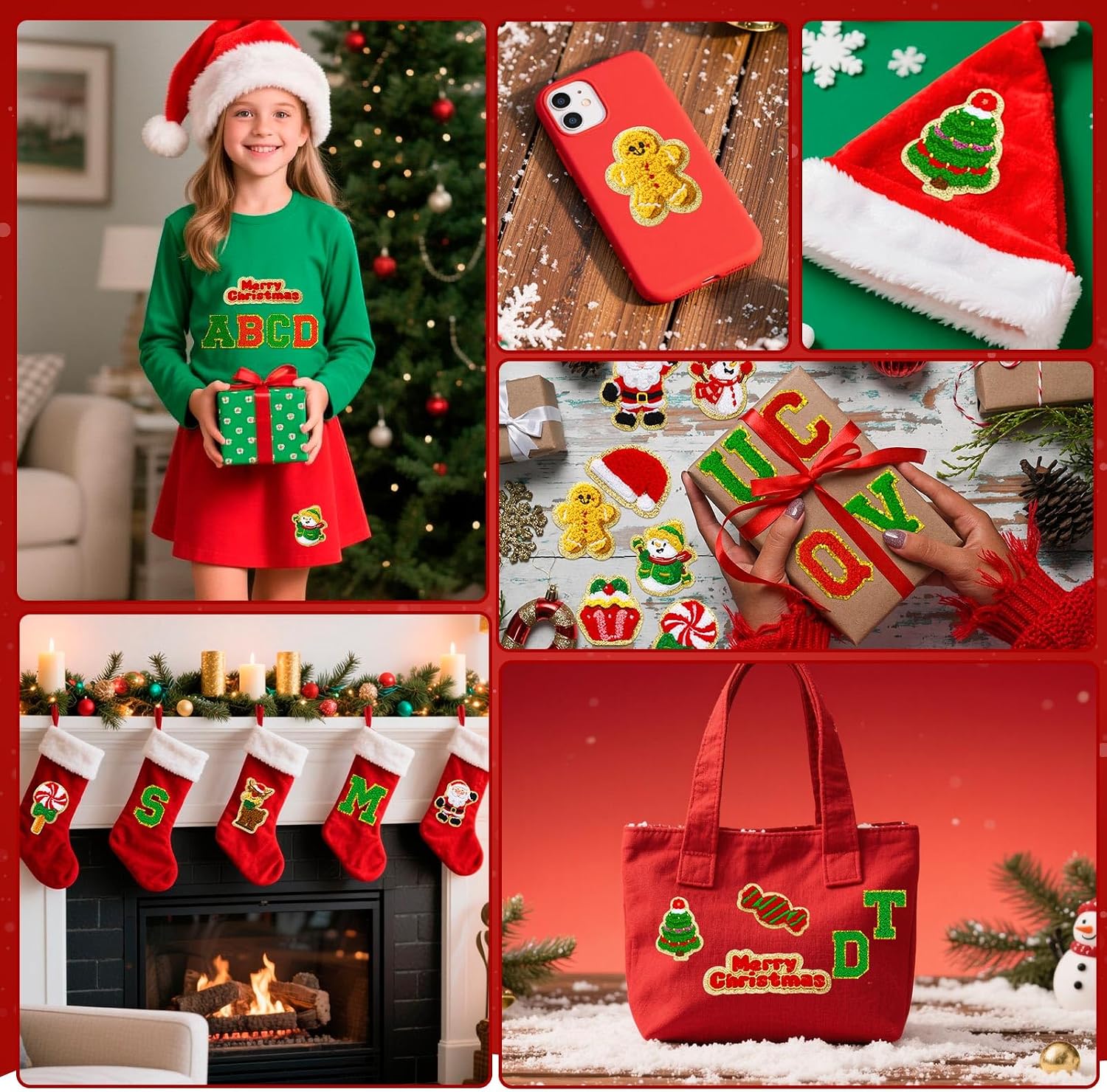 72 Pcs Red Green Christmas Patches Self Adhesive Chenille Letter