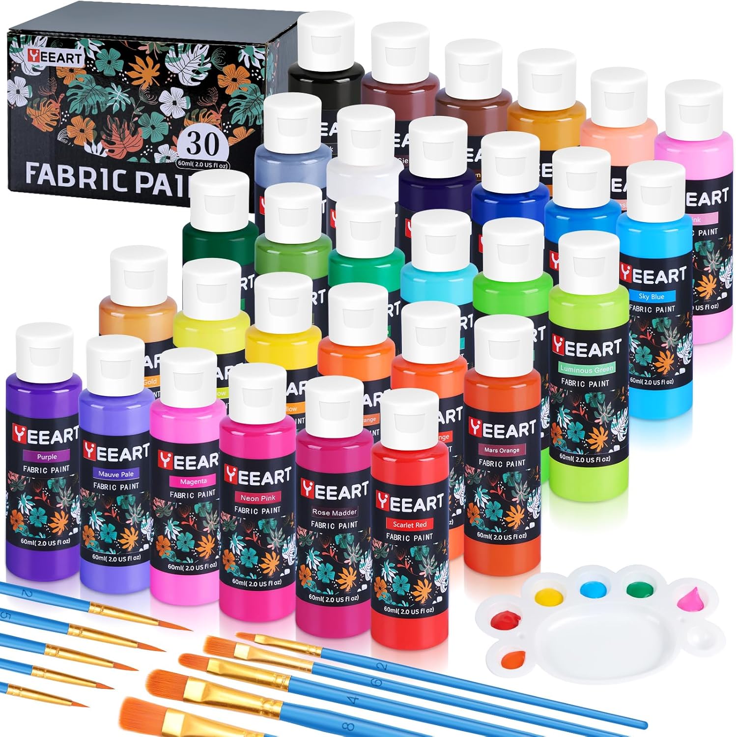 Fabric Paint, Yeeart 30 Colors Permanent Soft Fabric Paint Set for Clothes in Bottles (60ml/2oz) with 10 Brushes, Palette, Non-Toxic Textile Paint Art Supplies for Clothes, Canvas, T-Shirts, Jeans, Bags & Art Crafts