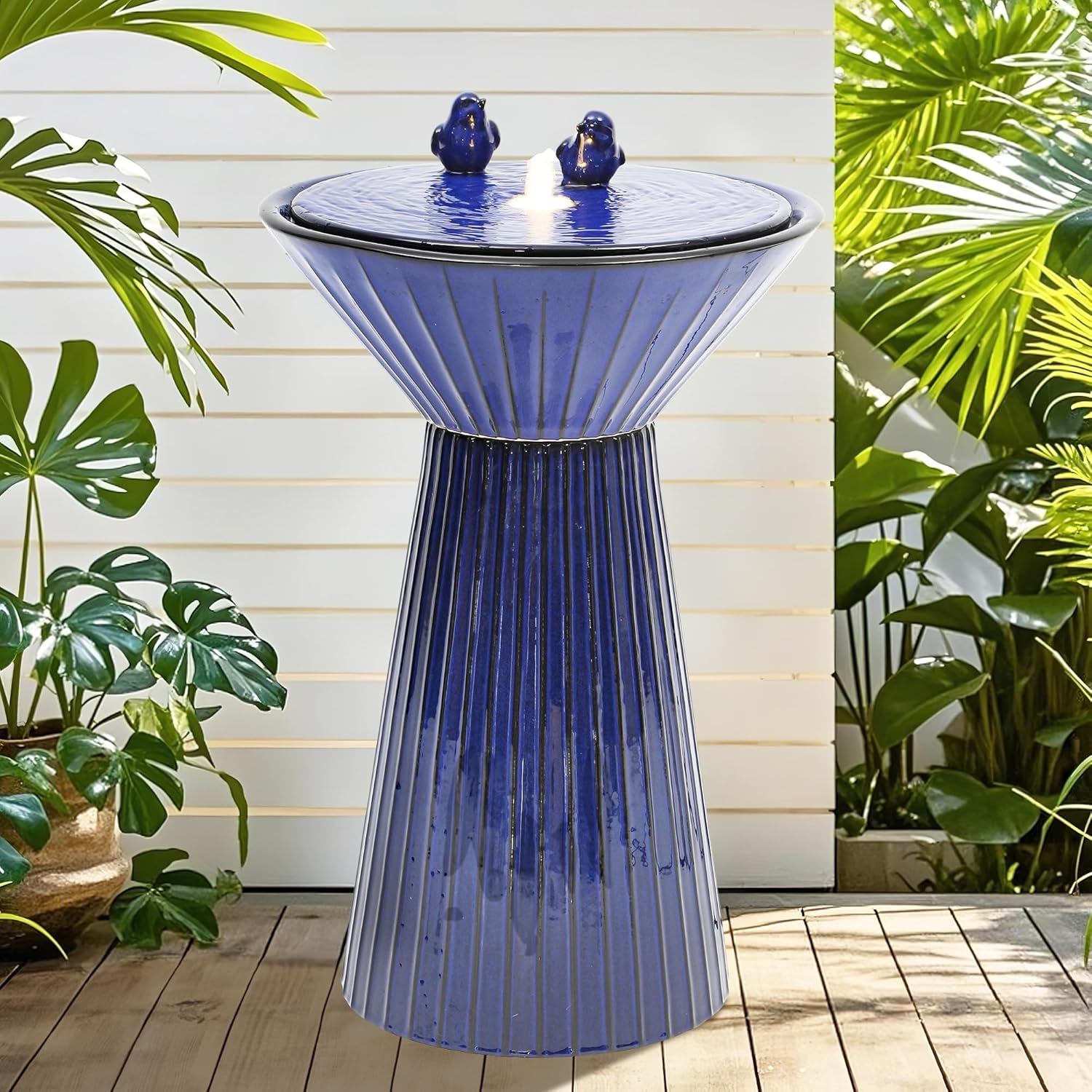 28" Tall Ceramic Outdoor Fountain and Waterfalls, Patio Fountain with LEDs, Birdbath for Outside, Soothing Water Feature for Relaxing Front Porch, Garden, Backyard, Cobalt Blue, 2KD Birds
