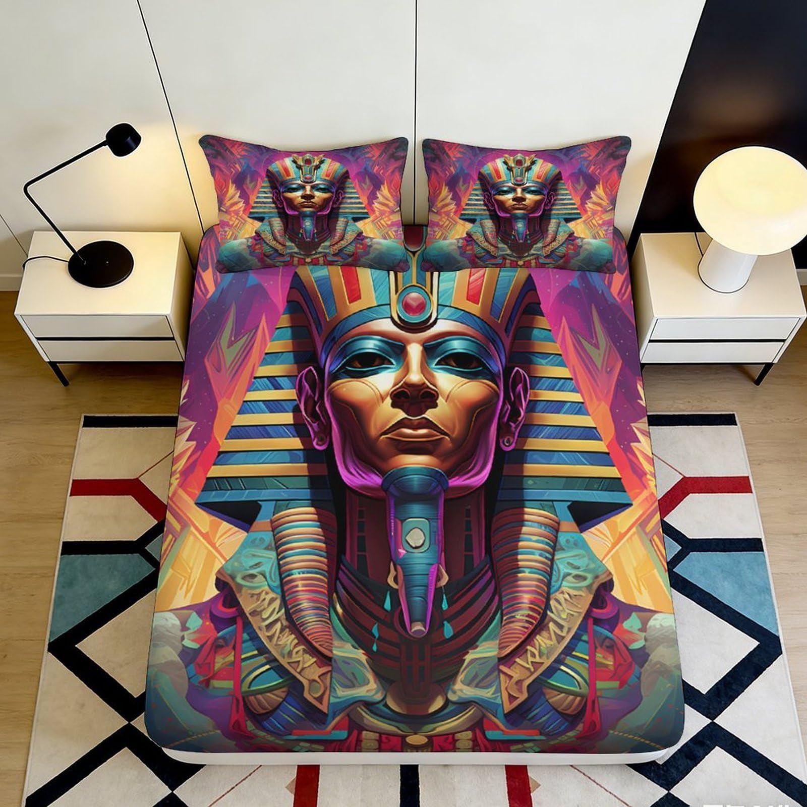 3D Printed Egyptian Pharaoh Fitted Sheet Microfiber Vibrant Art Mattress Cover for Bedroom Dorm Decor 90x200x25cm