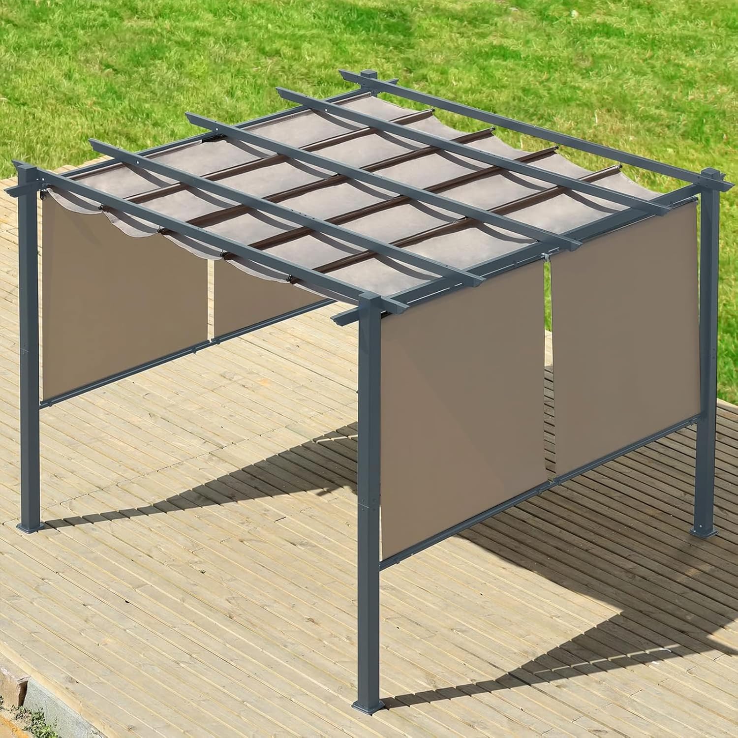 Aoodor 10 x 10 ft Outdoor Pergola with Retractable Shade Canopy, Matte Aluminum Frame, 4 Roller Shade Curtains, Grape Trellis for Patio, Backyard, Garden, and Deck, Brown