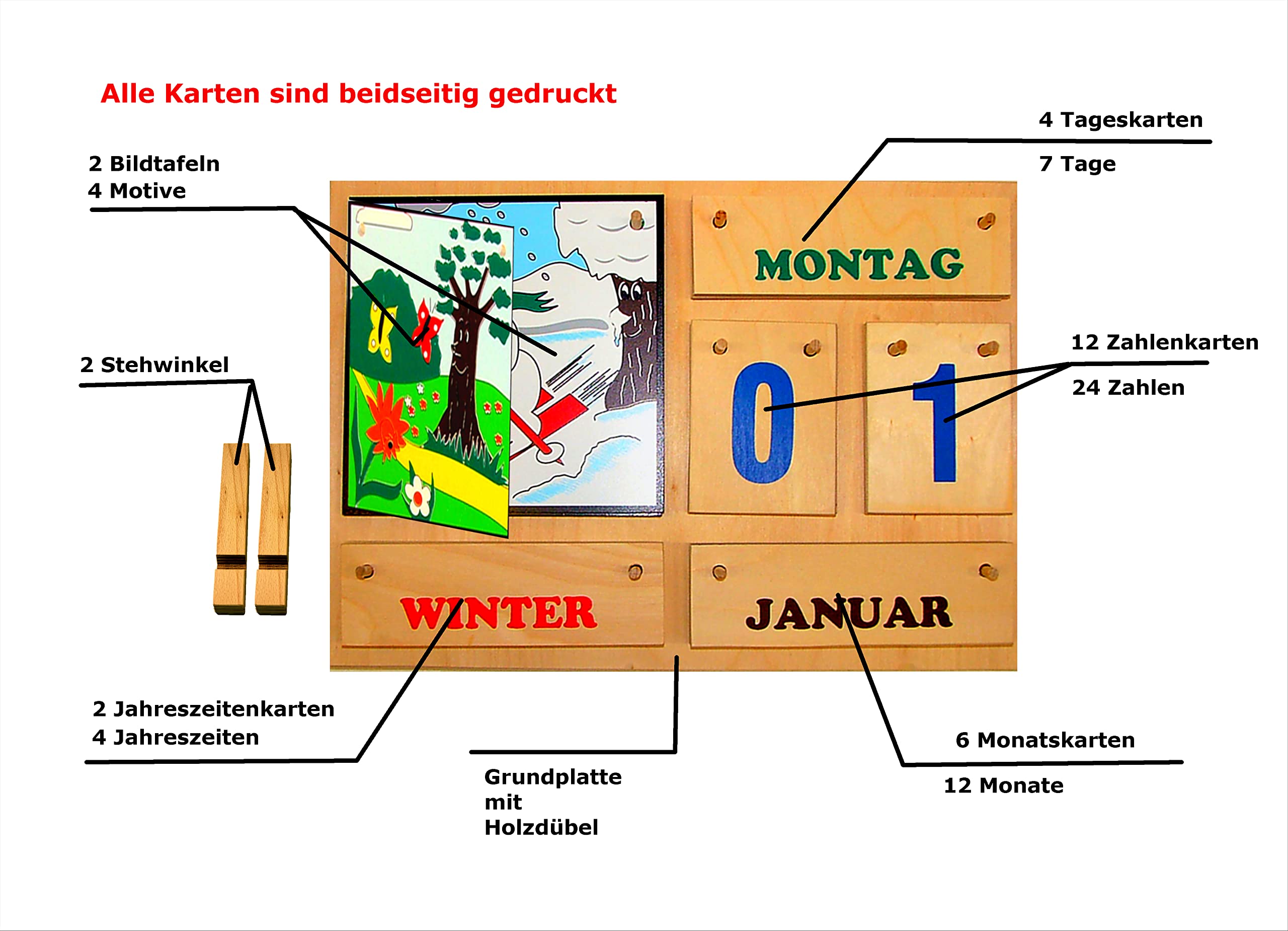 Wunderschöner Jahreszeitenbaum aus Birkenholz | Bunte Schrift | Ewiger Tisch- und Wandkalender | Handmade | mit Standwinkel | Zuhause, Schule, Kita, Seniorenheim | Lern-Dauerkalender | Made in Germany