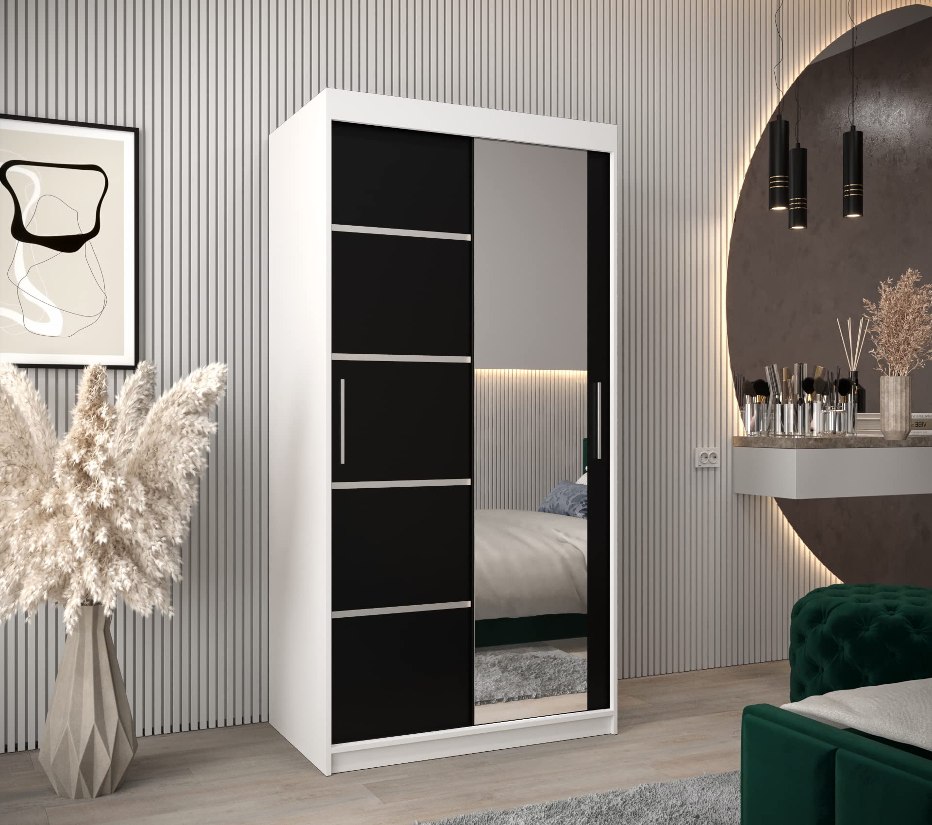 ABIKSMEBLE Armadio Scorrevole Verona 2 100: 2 Ante Con Specchio, 100x200x62 Cm, Nero/Bianco Opaco