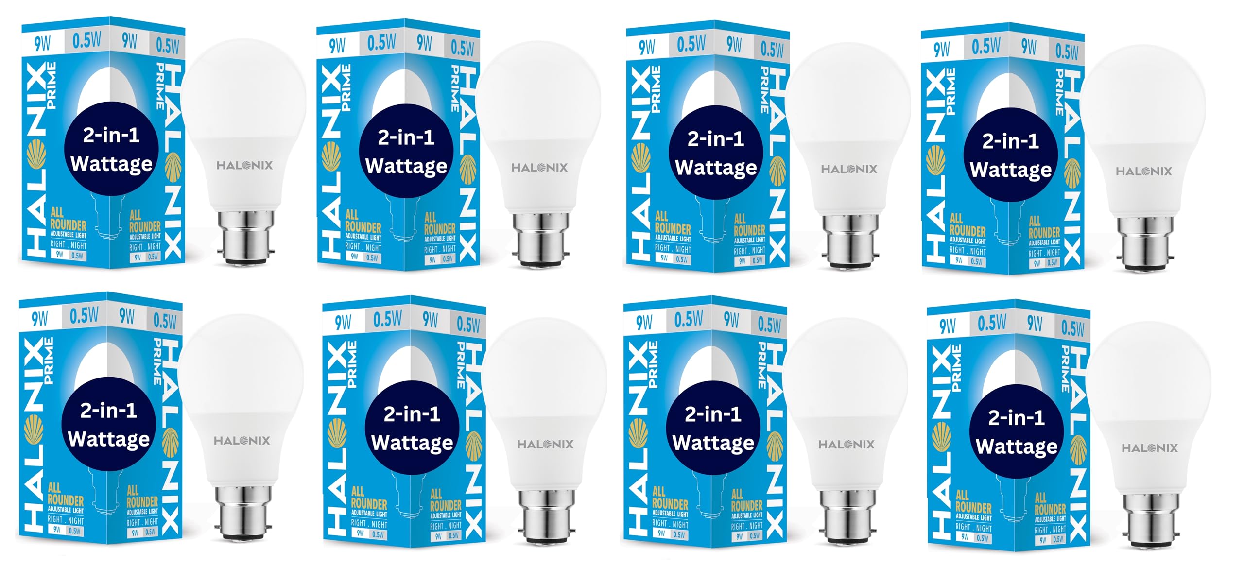 Halonix 2-in-1 Dimmable 9W & 0.5W Multi Wattage Adjustable Light Led Bulb | All Rounder led Bulb Base B22D | Pack of 8