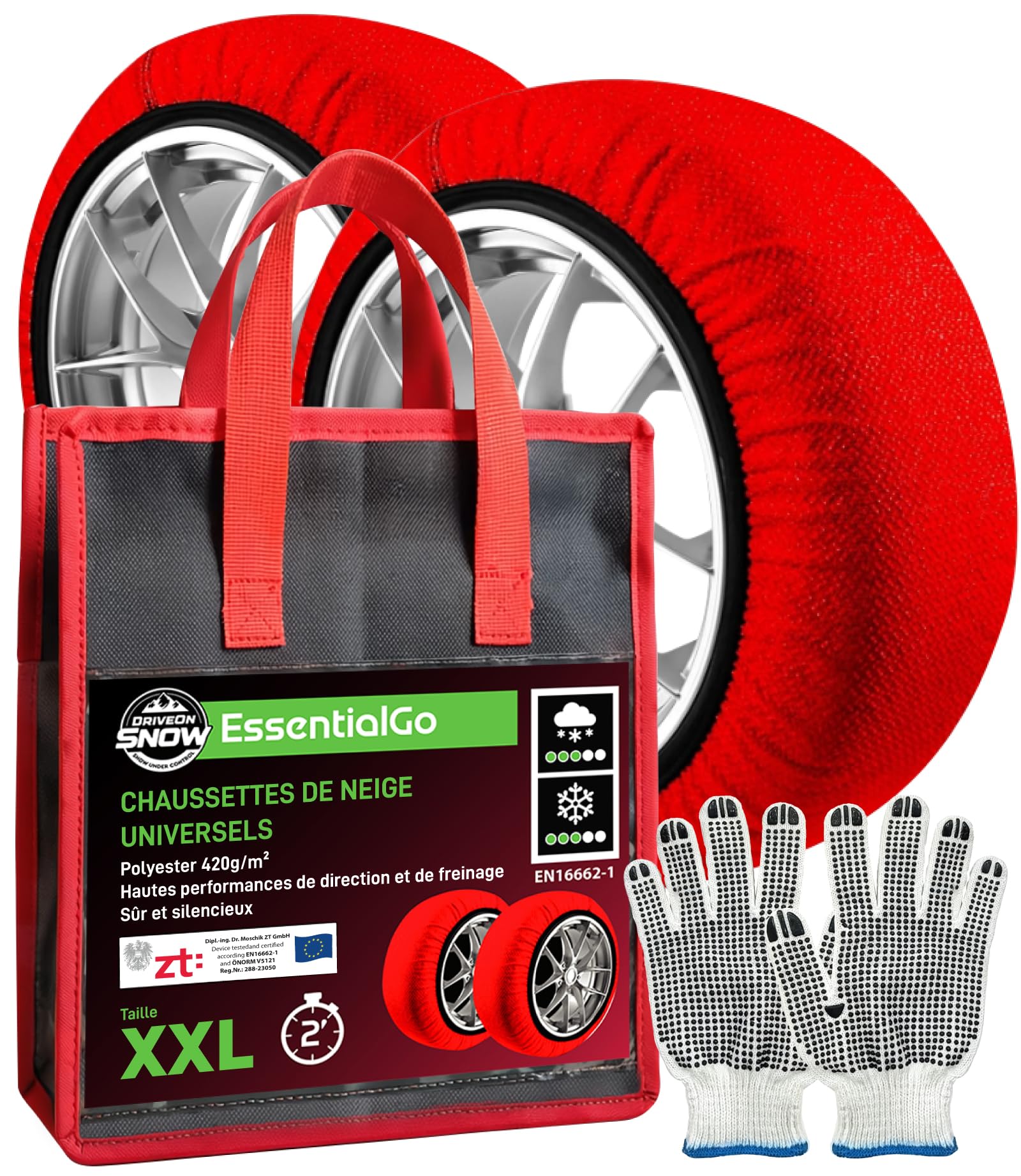 Chaussettes de Neige Textile Homologuées EN 16662-1 Taille XXL Chaussette Pneu Voiture - DriveonSnow EssentialGo Montage Rapide 2 Minutes Haute Sécurité pour Chutes de Neige Occasionnelles + Gants