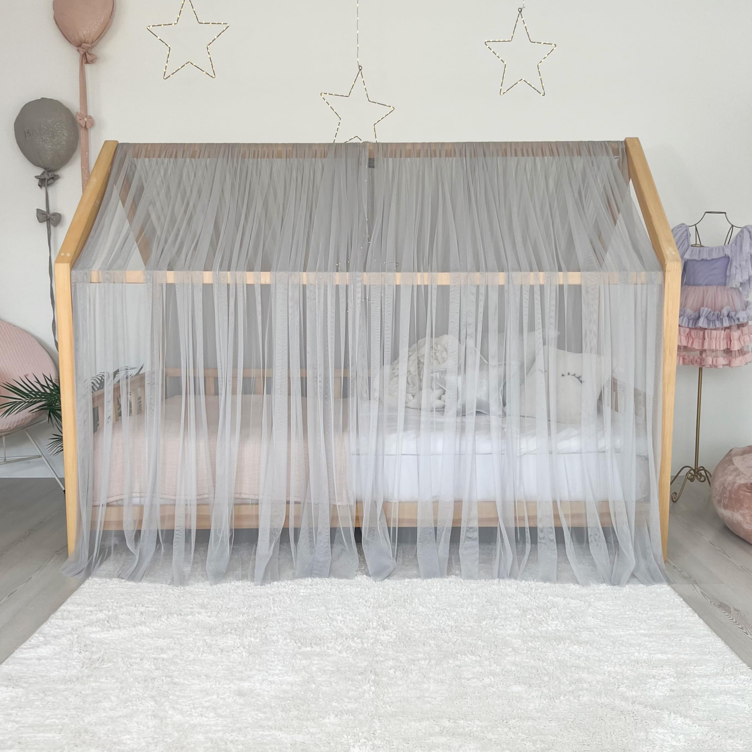 Montessori Betthimmel für Kinderzimmer, weicher Tüll, Hausbetthimmel, Kleinkind-Bodenbett-Dekoration, Kinderzimmer, Leseecke, Spielzelt (grau, 360 cm, kein Zubehör)