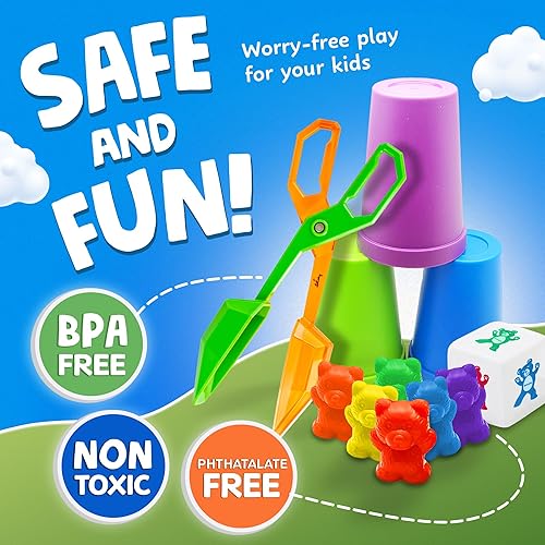 Miniatura 4 de Skoolzy - Juego de osos para contar con vasos a juego para clasificar y dado de matemáticas para niños pequeños 71 piezas incluye pinzas y bolsa de