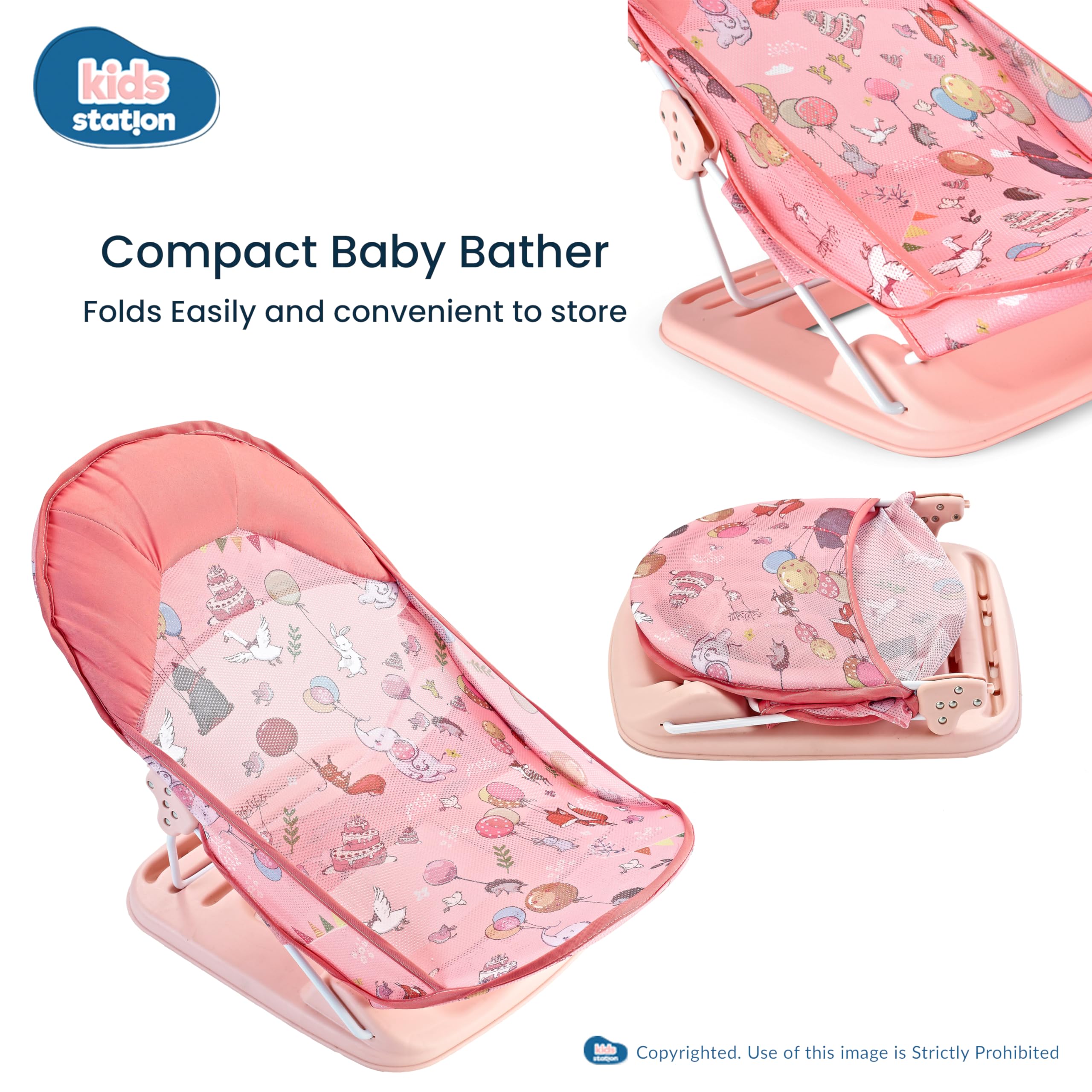Kids Station Newborn Baby Bather | Bath Chair for Newborns and Infants 0-12 Months | Foldable | 3 Position Adjustable Chair | Anti Skid Base | Washable Soft Mesh Seat | for Babies Upto 5Kg (Pink) - Image 5 thumbnail