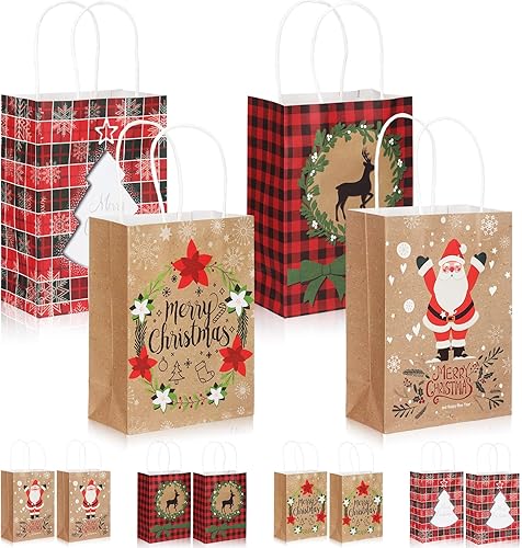 Miniatura 8 de Resholder 200 piezas de bolsas de regalo de papel kraft de Navidad a granel con asas, bolsas de regalo de Navidad para fiestas, bolsas de golosinas