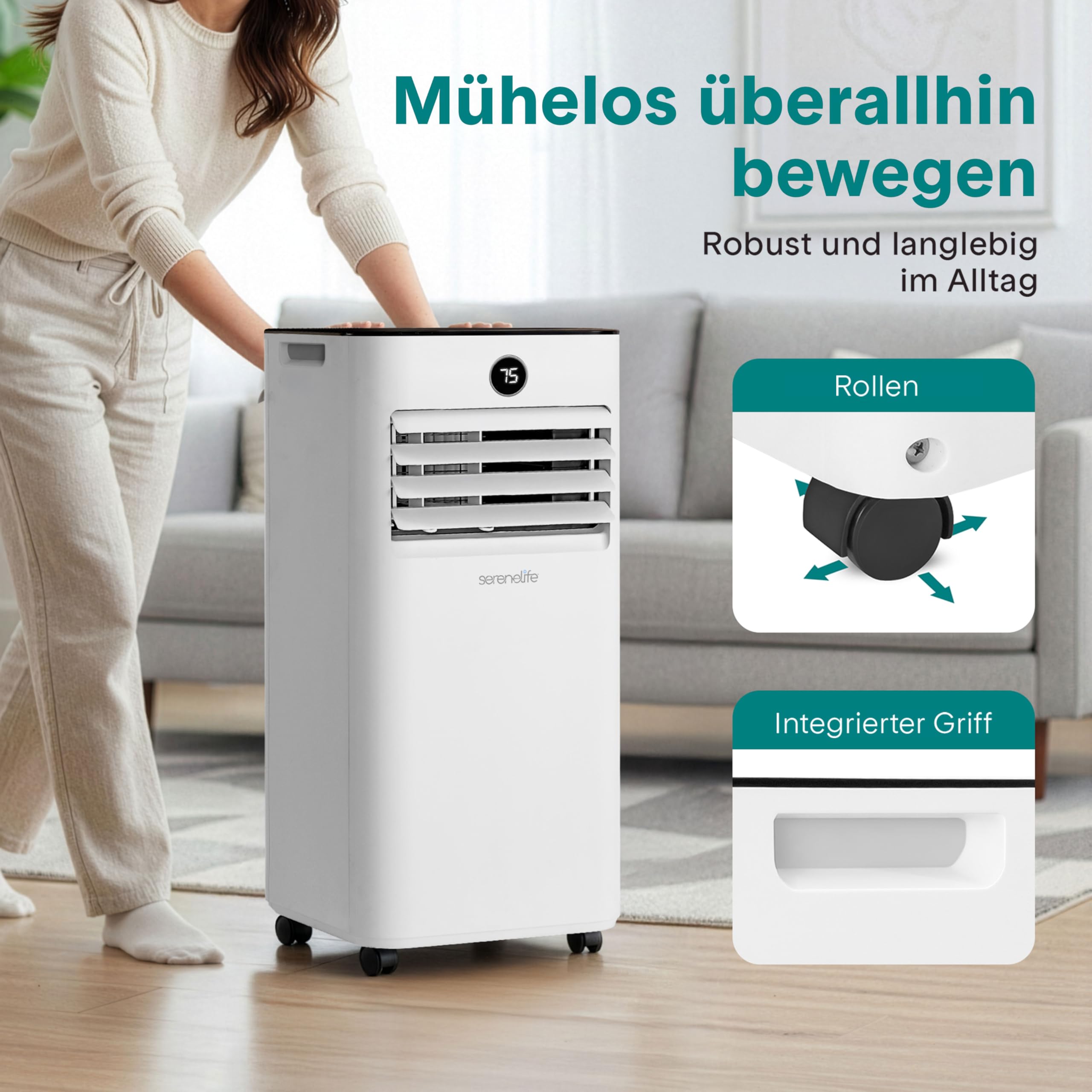 SereneLife Mobiles Klimagerät 9000 BTU 2,64 kW für 31 m² – Air Conditioner mit Abluftschlauch, 3-in-1 Entfeuchter & Ventilator, Leise 55 dB, Fensterkit, Fernbedienung, Für Zuhause, Büro