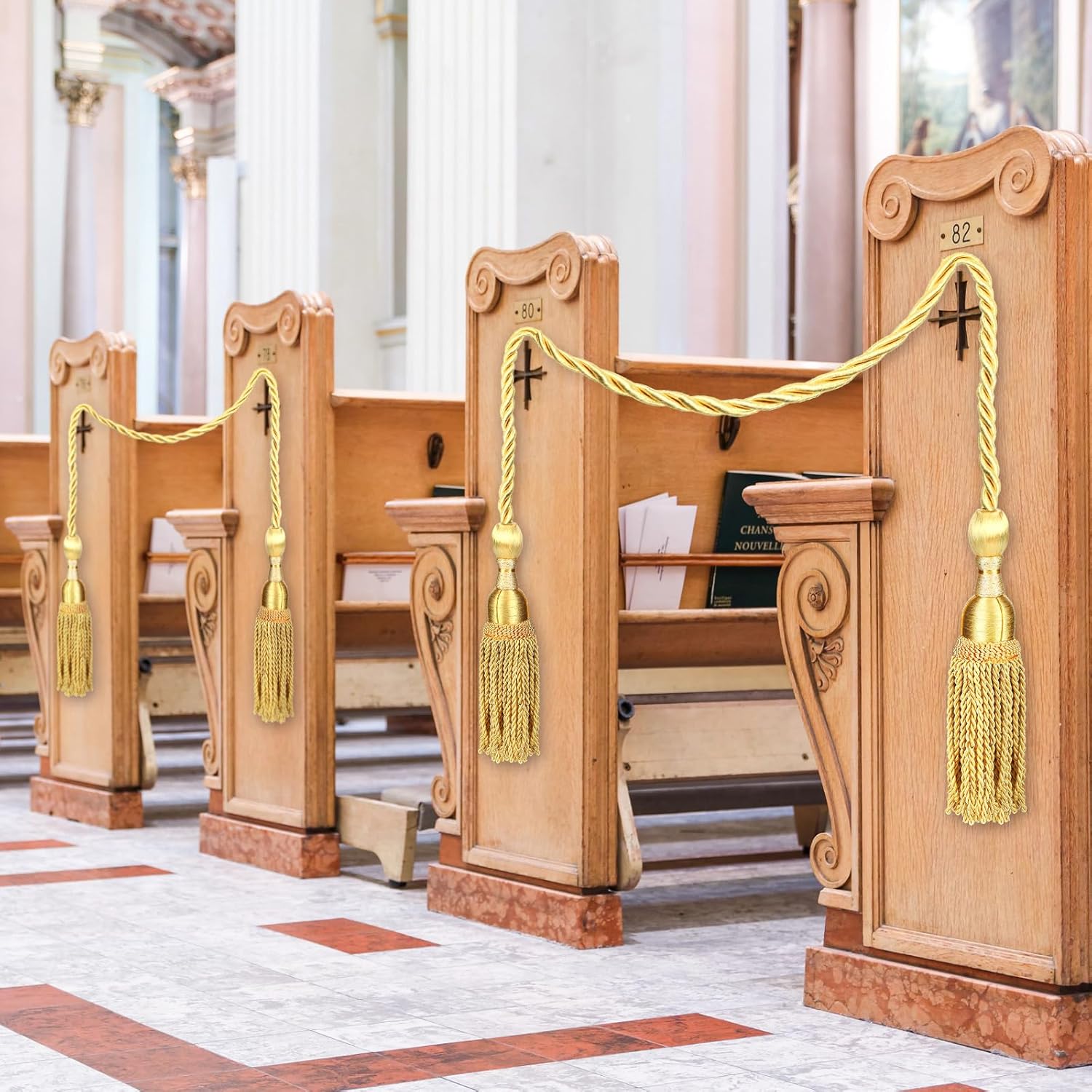 8 Pcs Weighted Church Pew Reservation Rope with Heavy Tassels Ends Reserved Church Seating Accessory Pew Rope for Wedding Funeral Seating Reserved Signs (8ft,Gold)