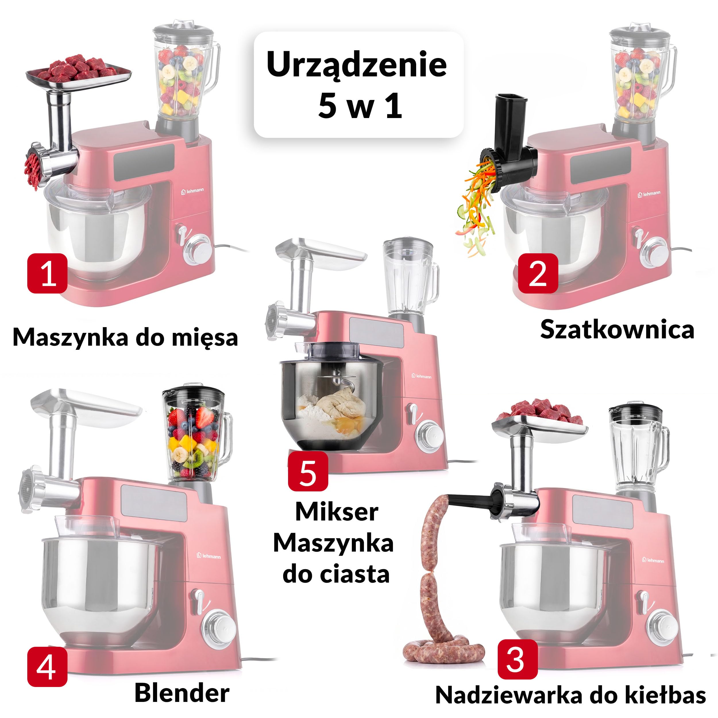 LEHMANN Teyles Robot planetarny 2100W 8L z wagą, wyświetlaczem dotykowym i podgrzewaną misą, robot kuchenny do ciasta, blender 1,5L, maszynka do mięsa, Czerwony