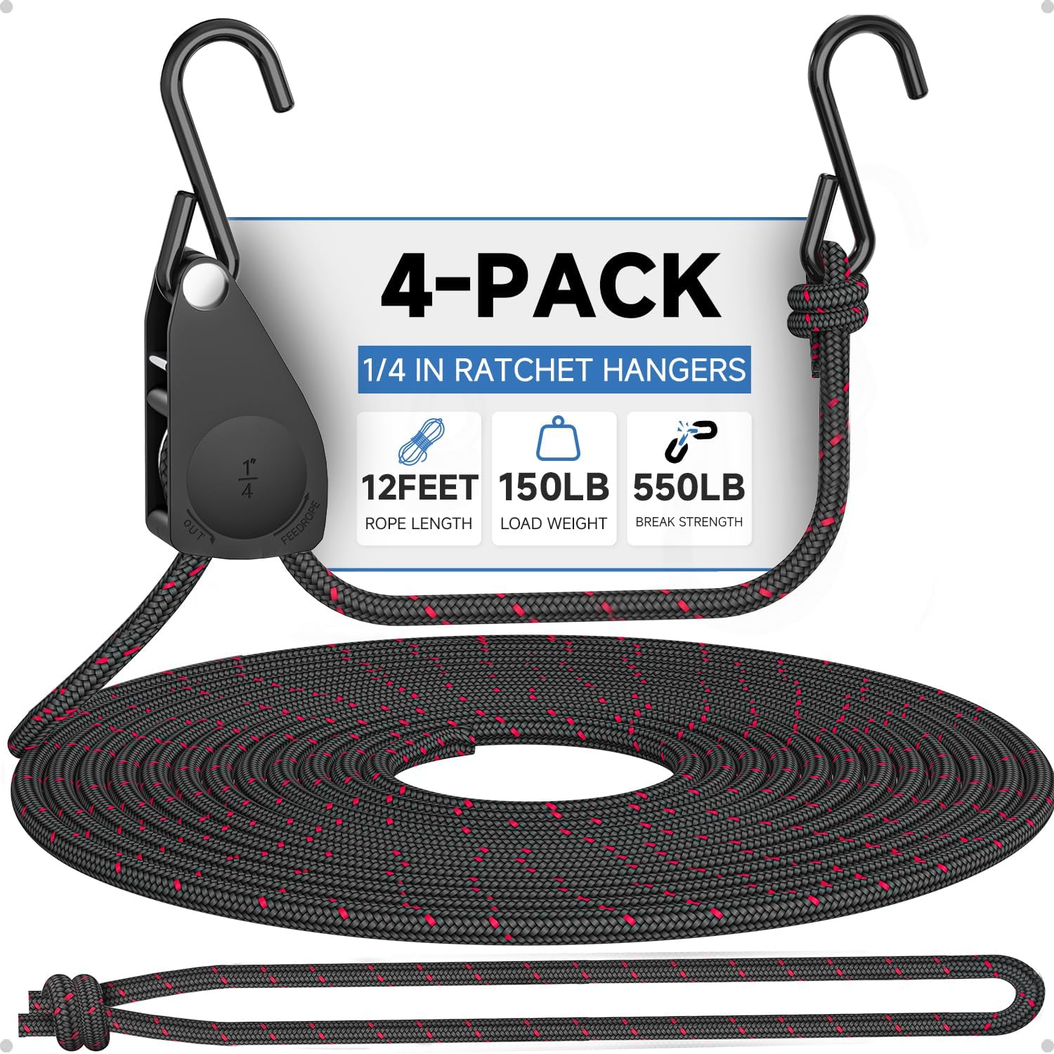1/4" Tie Downs Ratchet Straps: 4-Pack Rope Hangers with Protective Soft Loops - Secure Tie Down Ratcheting for Transport