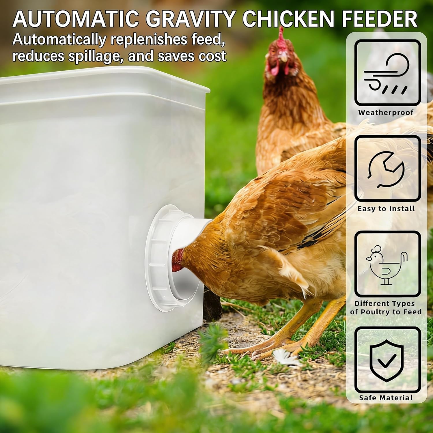 Chicken Feeder Port, 12 Pack Chicken Feeders No Waste with 12 Lids 1 Drill Bit, DIY Automatic Poultry Feeder Cups Kit, Chicken Bucket Feeder for Barrels (White)