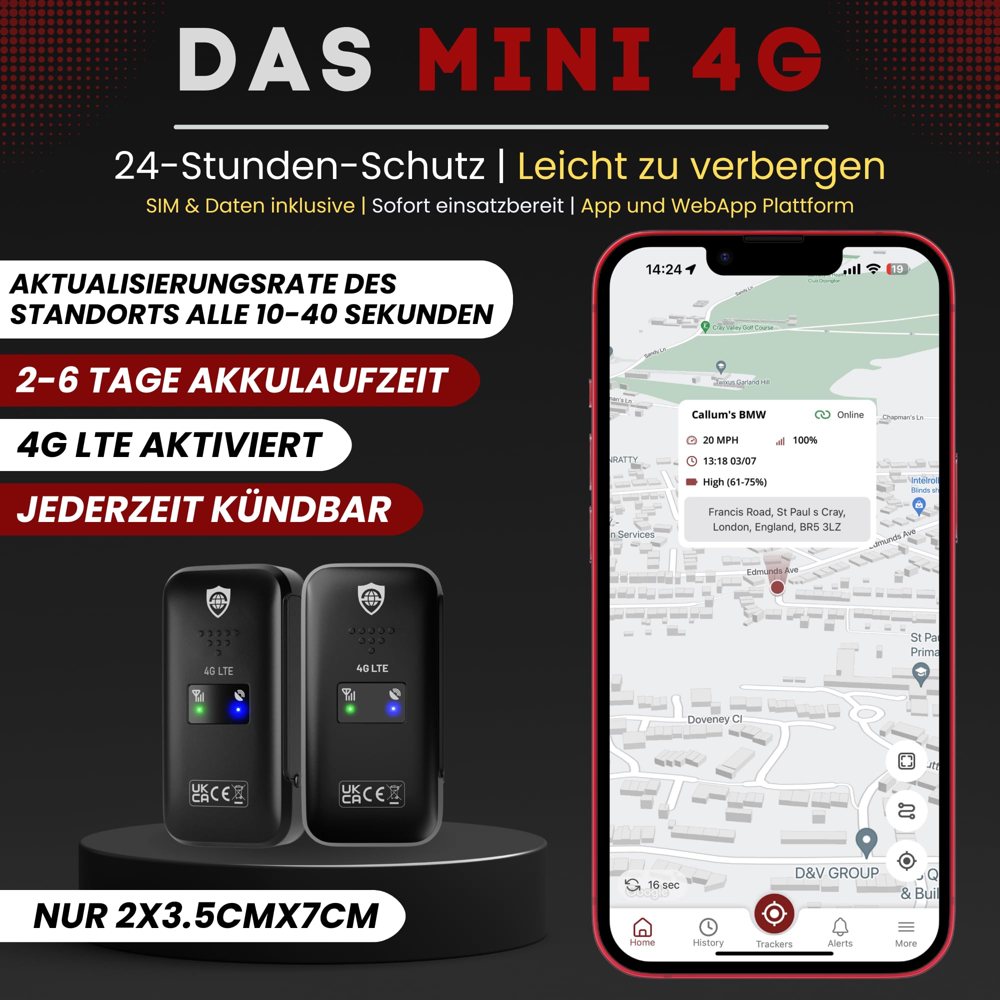SafeTag Mini 4G – Mini wiederaufladbarer 4G LTE GPS-Tracker, Auto, Motorrad usw. 34–205 Länder, Echtzeit-Tracking, 7-tägige kostenlose Testversion – SIM inklusive, 12 Monate Garantie