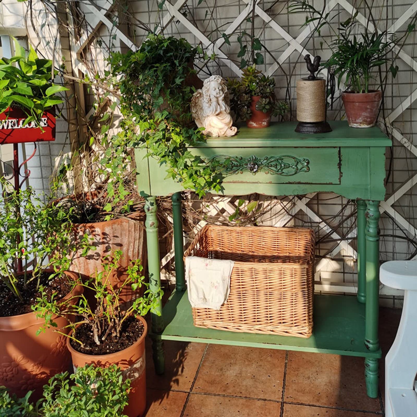 YYUN Holz Pflanztisch Retro Garten Praktischer Arbeitsfläche Dekorativ mit Schublade und Offenen Regalen für Drinnen Oder Draußen, 80×38×83,5cm, Grün Garten