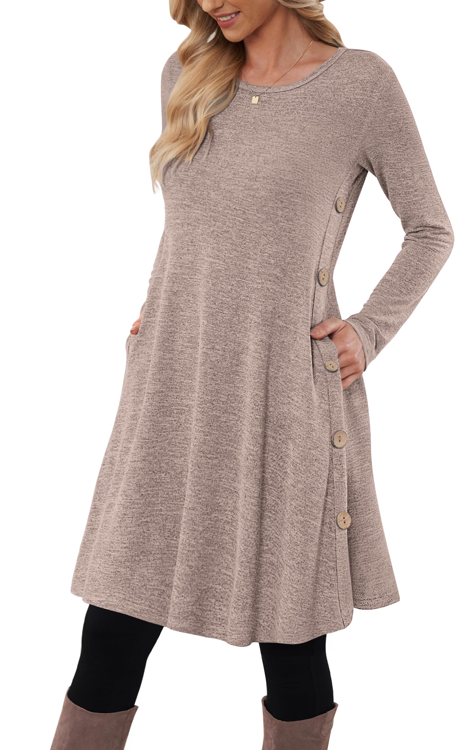 MOLERANI Jumper Dress for Women Long Sleeve Dress Ladies Button Casual Tunic Dress with Pockets Coffee Size 24 XXL