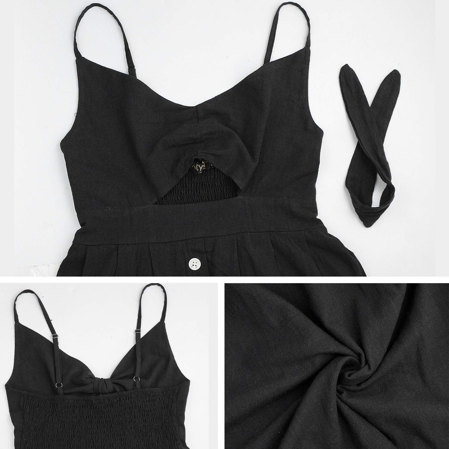 FANCYINN Vestidos elásticos Casuales para Mujer Correa de Espagueti Cuello en V Busto Fruncido Línea A Vestidos de Verano con Bolsillos