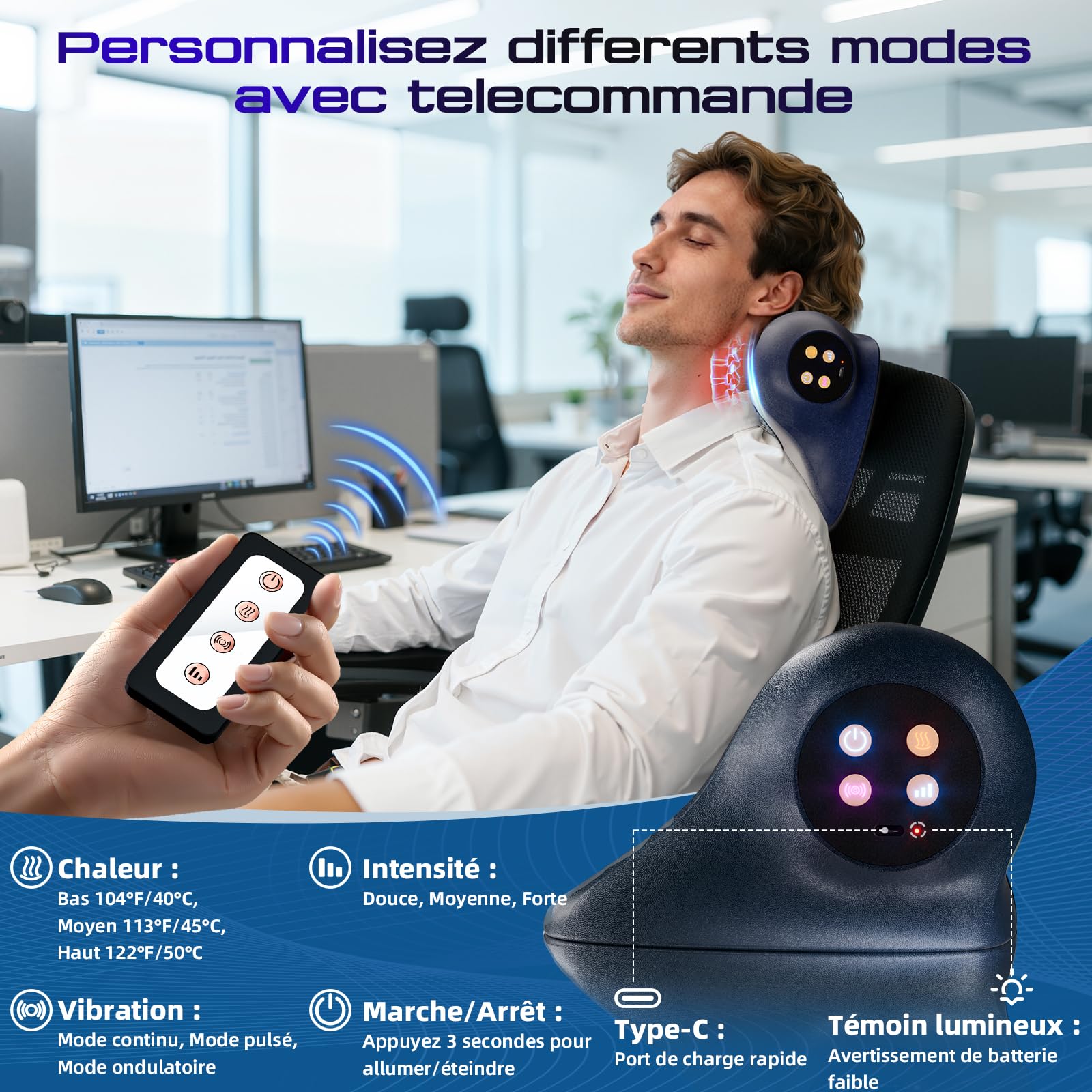 SteBeauty Masseur Cervical avec Chaleur 3 Températures (41-45°C), 3 Modes Vibration Sans Fil Forme Ergonomique en U Soulage Douleurs Cervicales, Épaules et Dos Cadeau Homme Femme