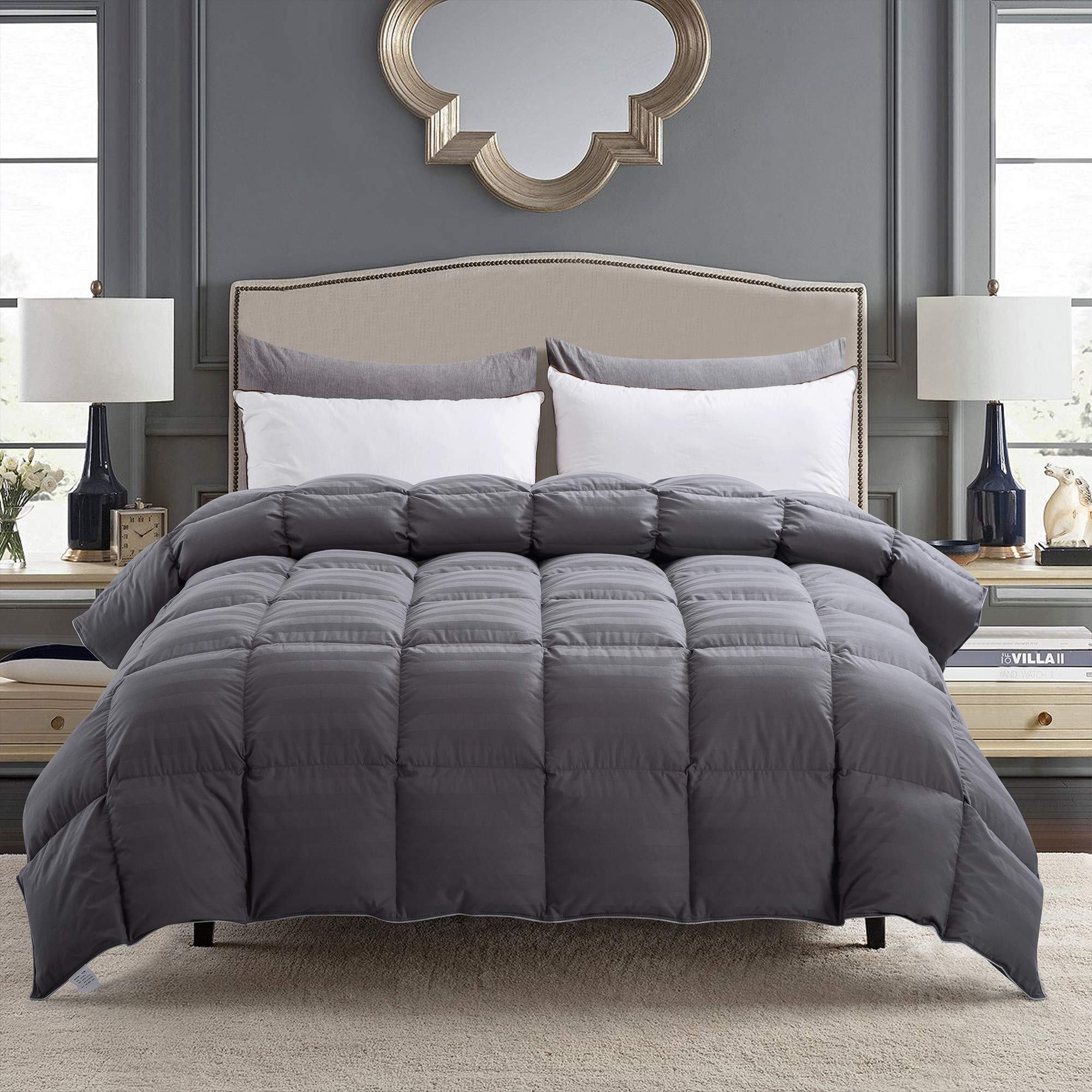 All American Collection100% Cotton Shell Goose Feathers Soft Plush Bedroom Down Comforter with Corner Tabs (King, Grey)