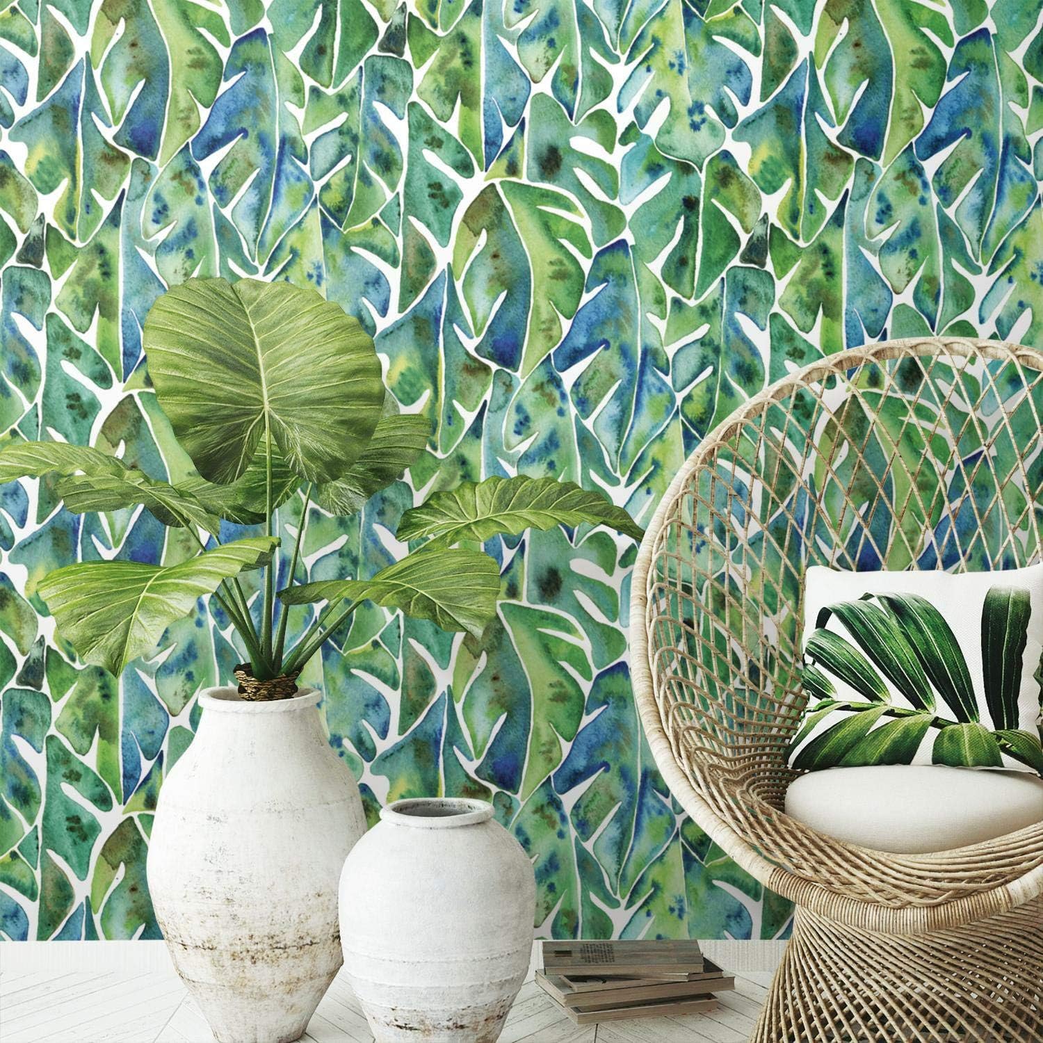 RoomMates RMK11813WP Cat Coquillette Green and Blue Philodendron Peel and Stick Wallpaper